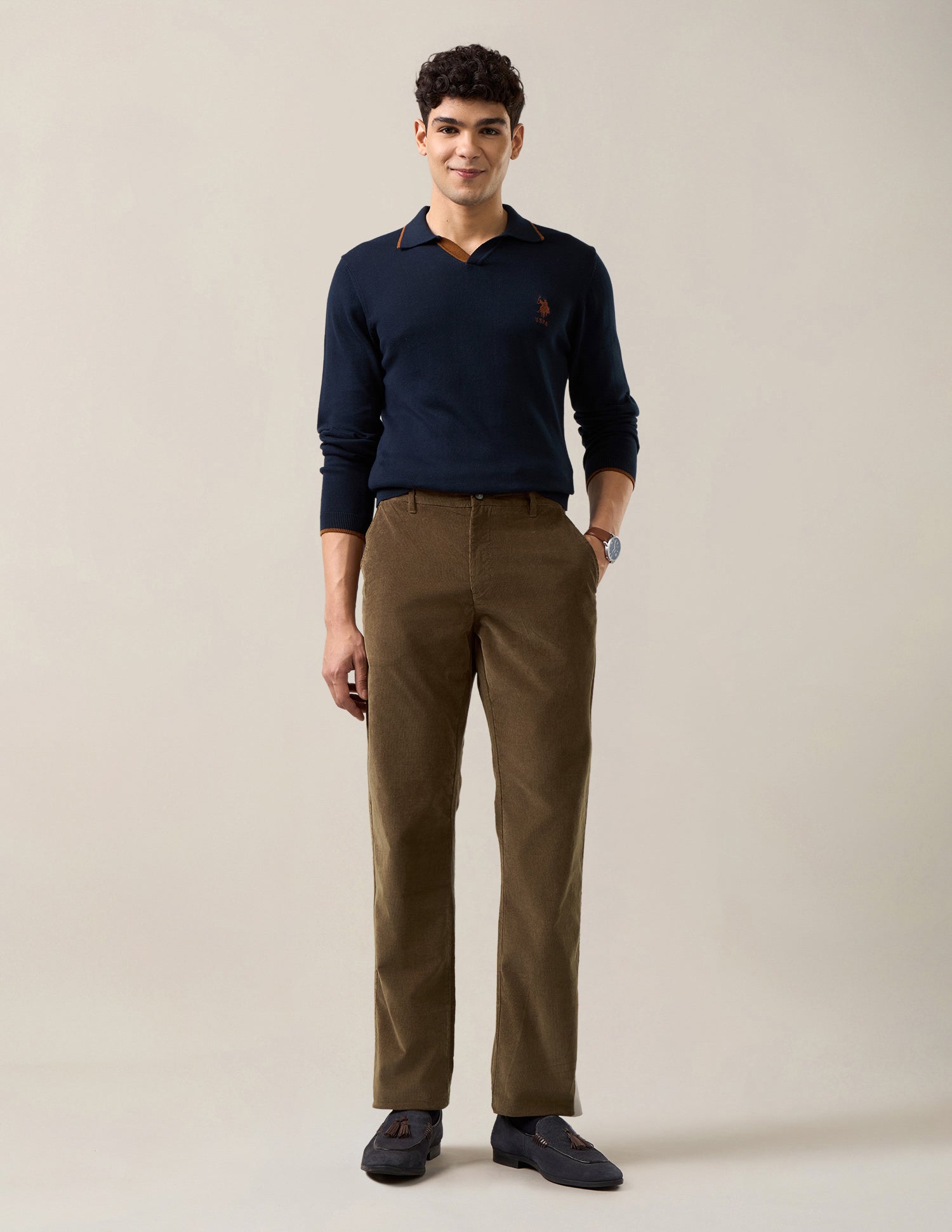 Riley Straight Fit Corduroy Trousers Tan - U.S. Polo Assn. India | Large