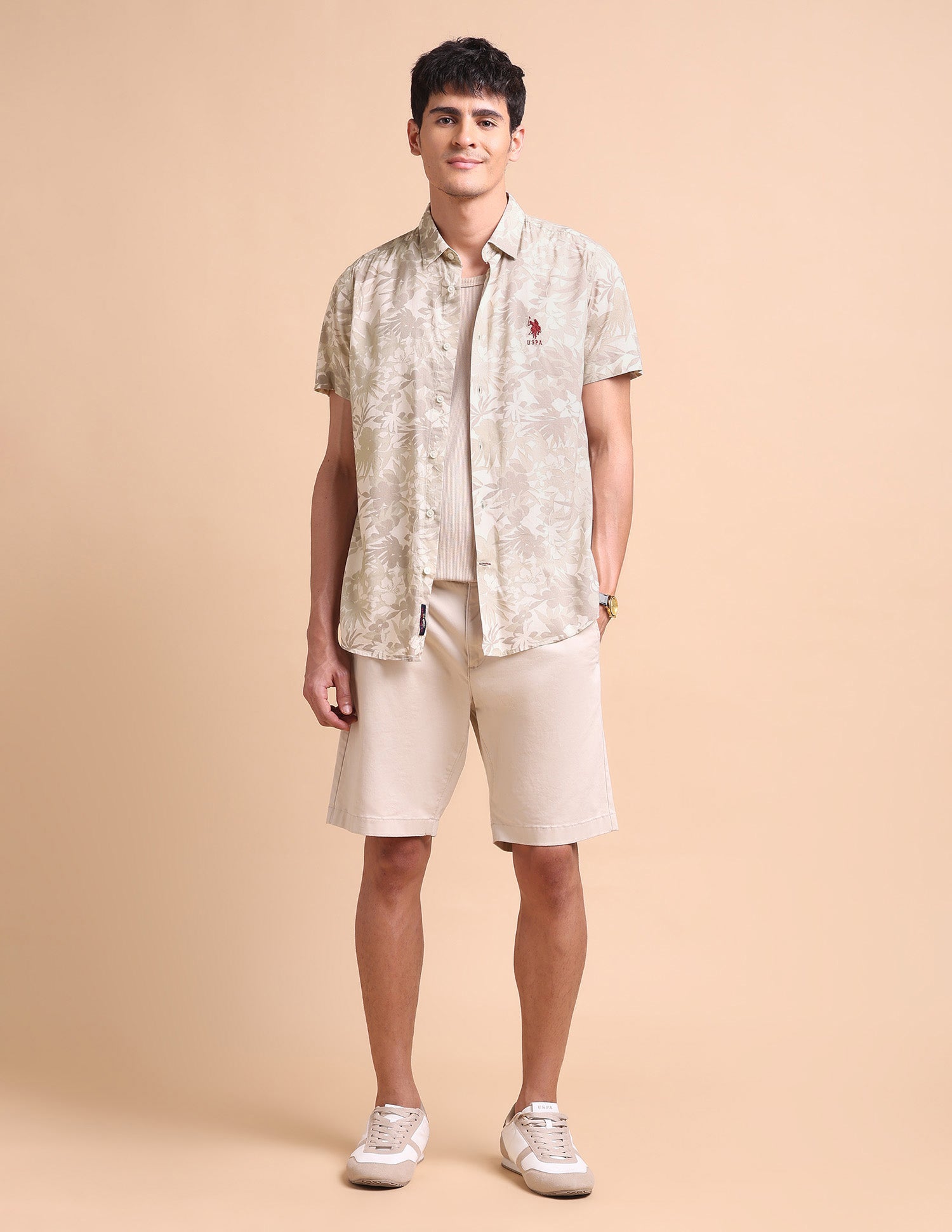 Manhattan Slim Fit Floral Printed Shirt Khaki - U.S. POLO ASSN. | Large