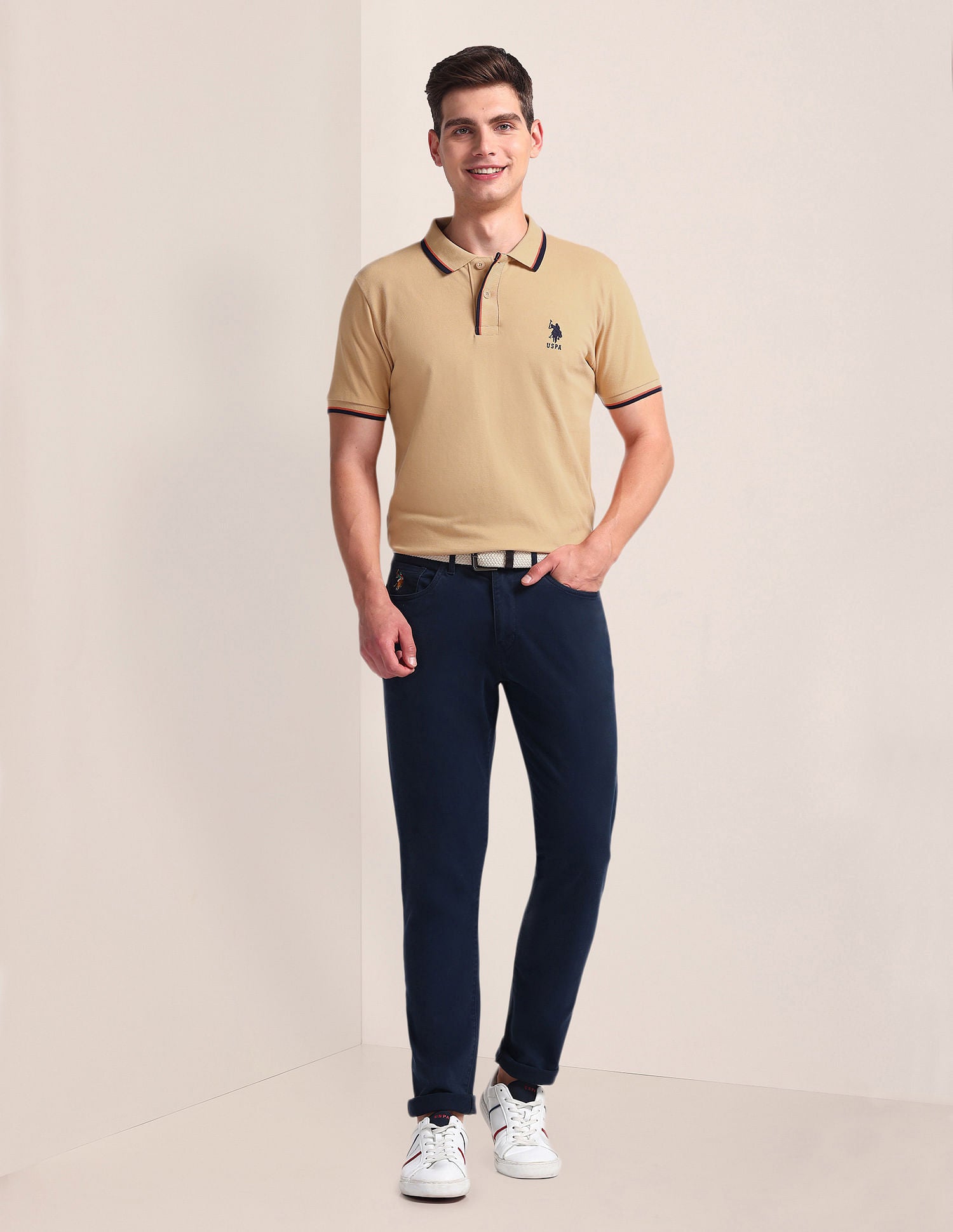 Tipped Collar Slim Polo Shirt Beige - U.S. Polo Assn. India | Large