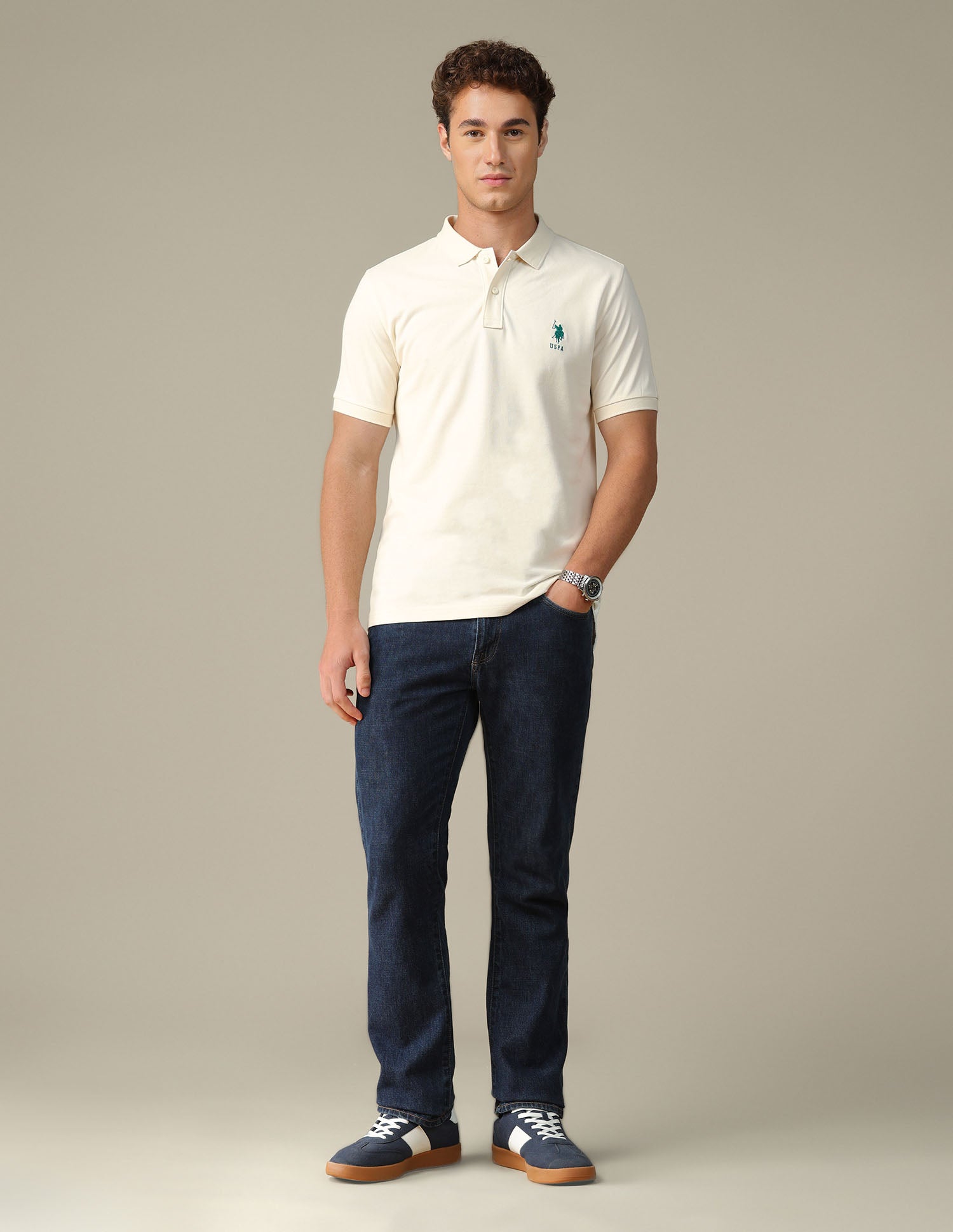 Graphic Brand Printed Regular Fit Polo Shirt Off White - U.S. Polo Assn. India | Large