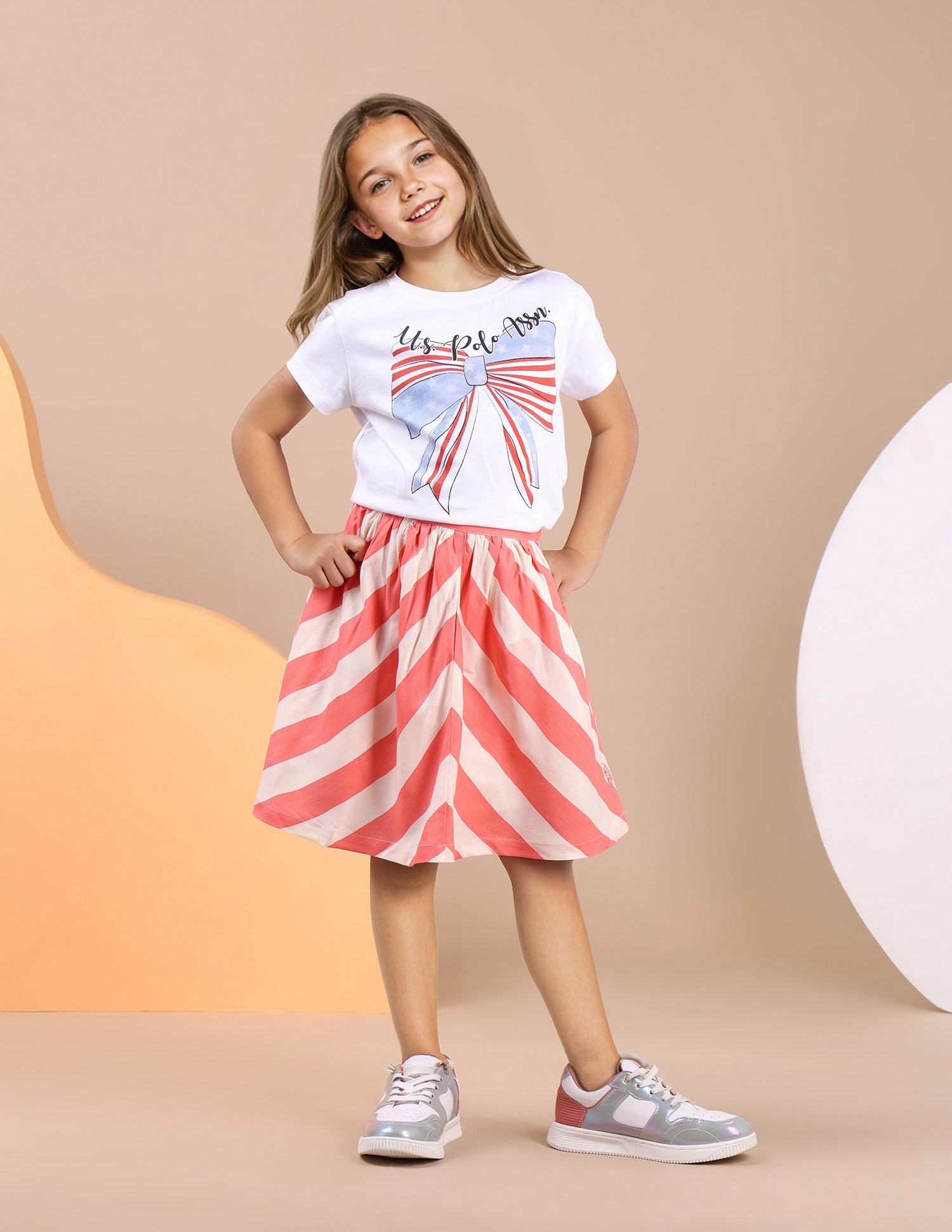 Girls Diagonal Striped Flared Skirt - Main Image