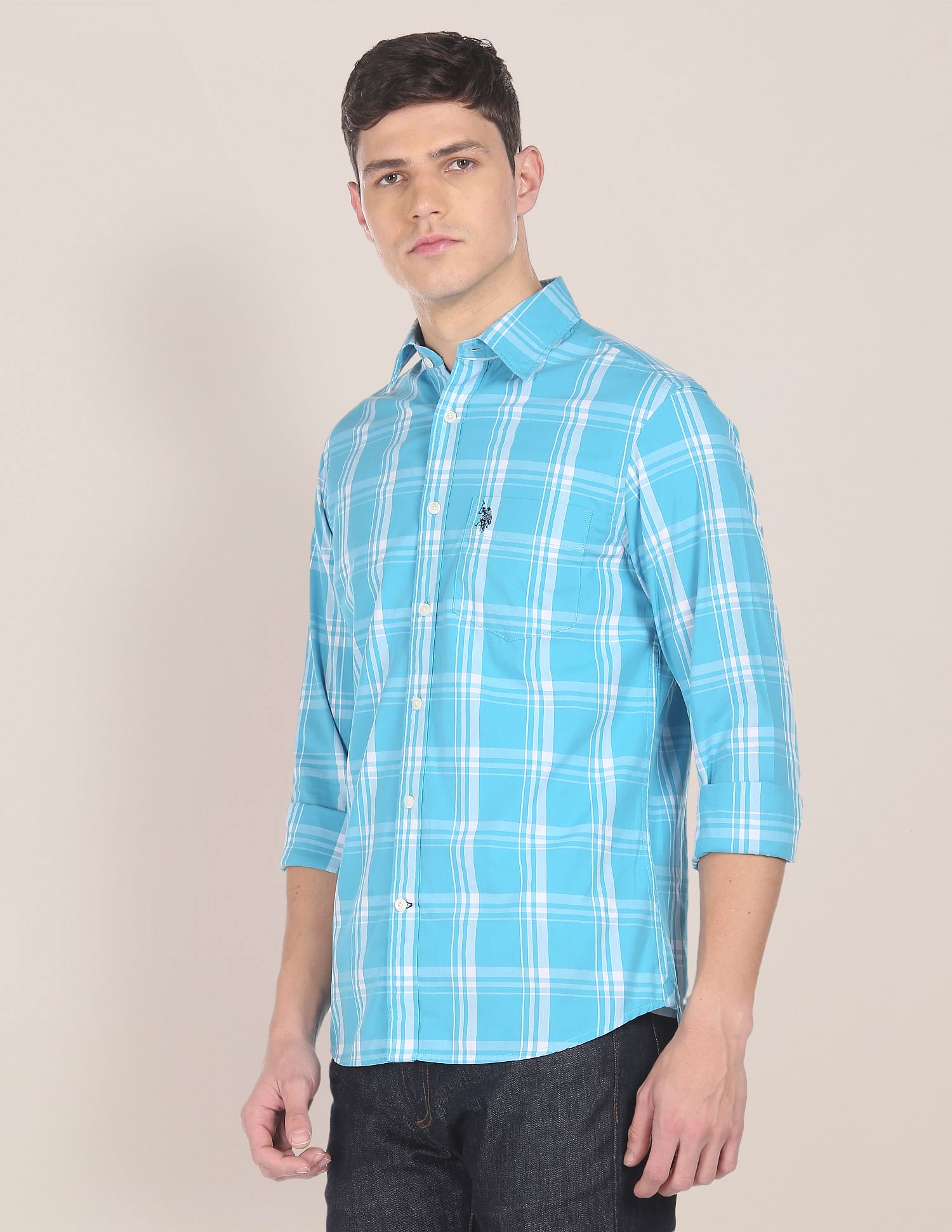 Men Blue Spread Collar Check Casual Shirt Aqua - U.S. POLO ASSN. | Large