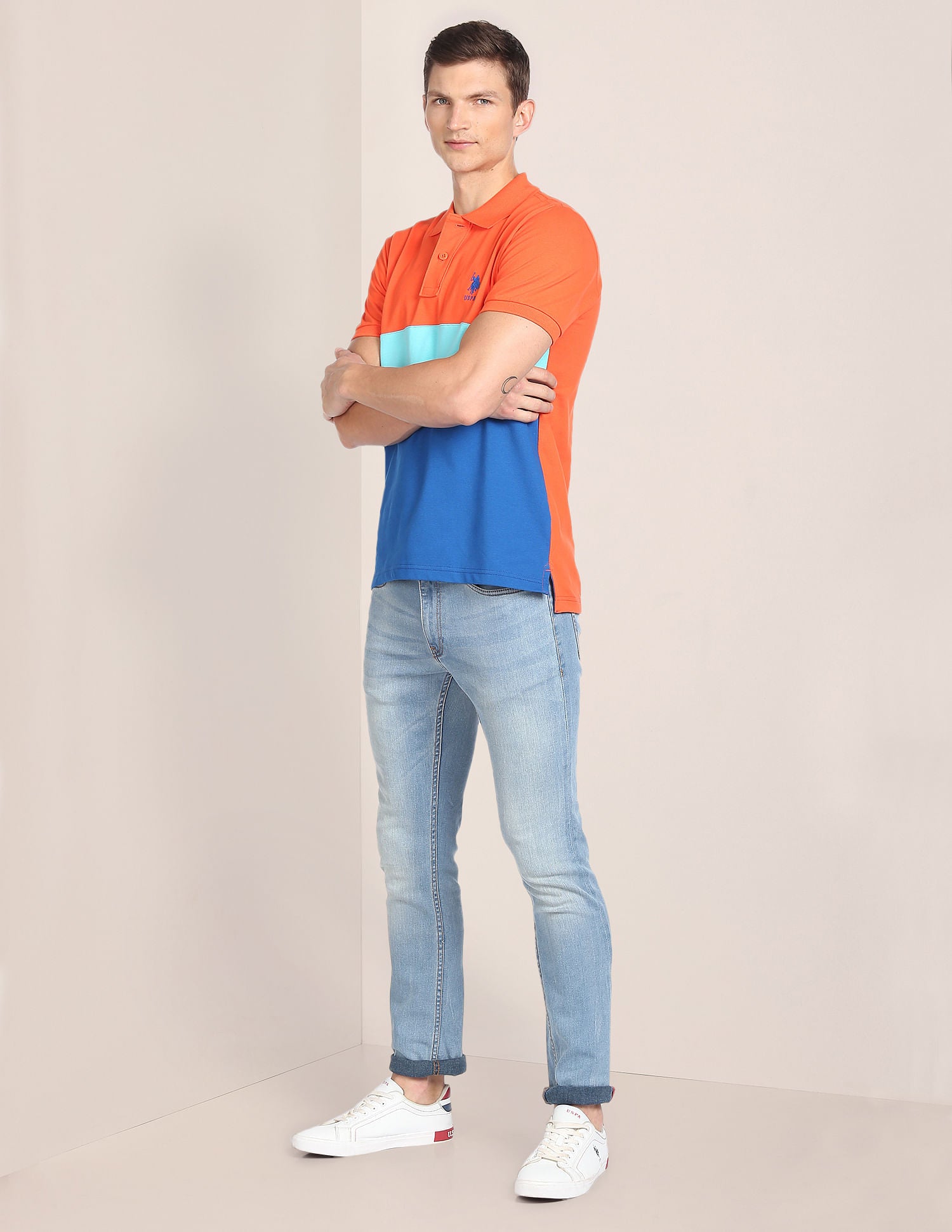 Colour Block Cotton Polo Shirt Orange - U.S. POLO ASSN. | Large