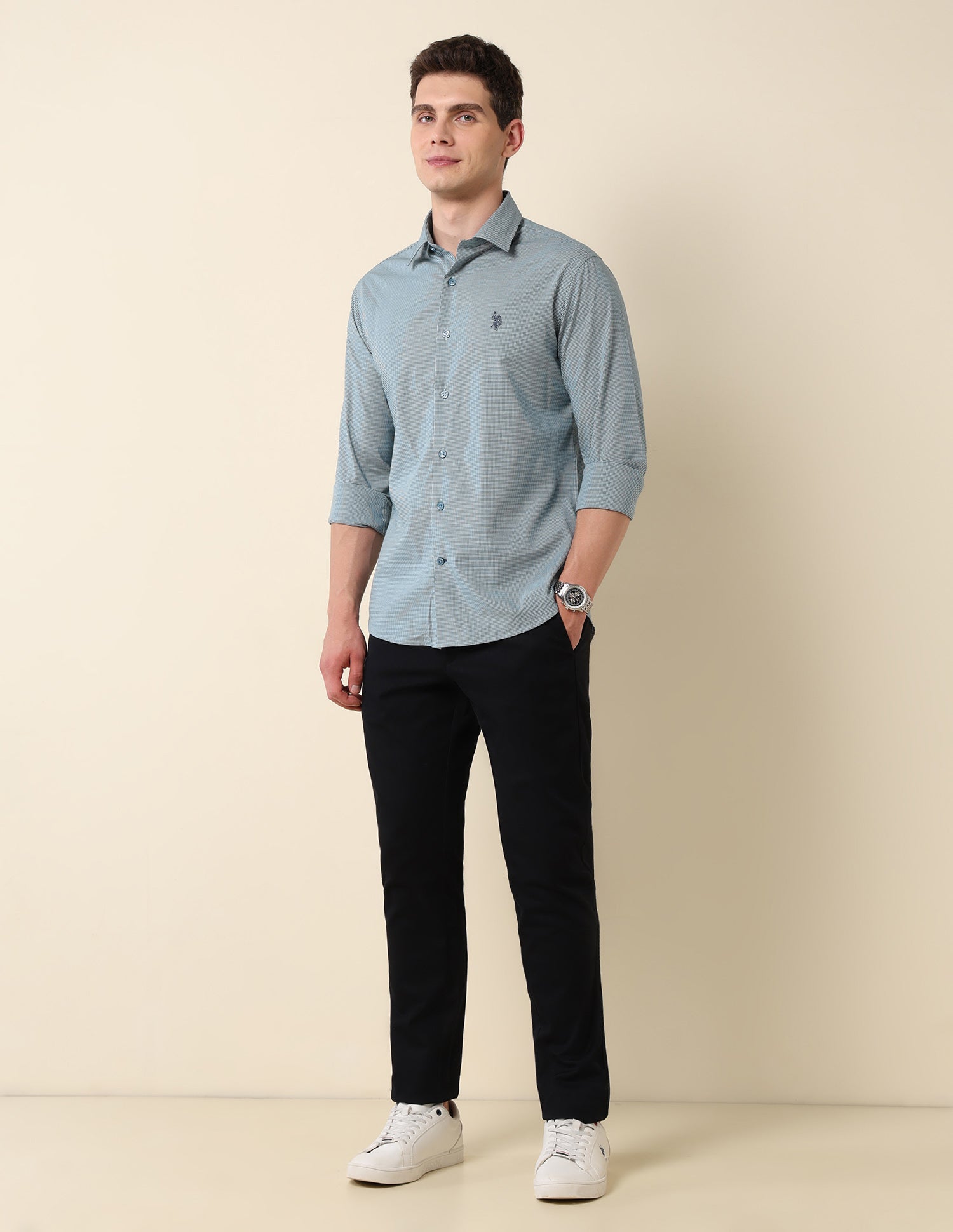 Micro Checked Tailored Fit Shirt Teal - U.S. Polo Assn. India | Large