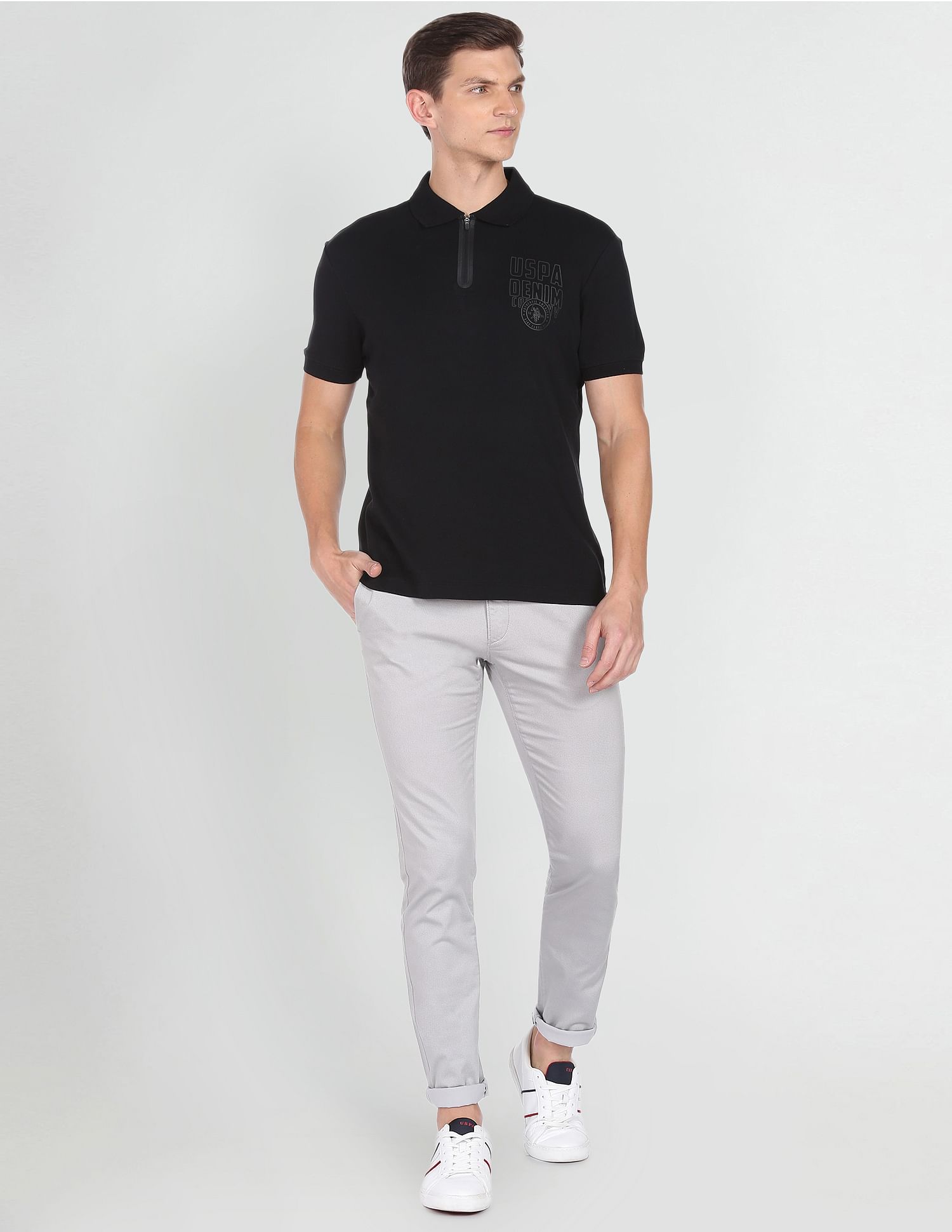 Brand Print Cotton Polo Shirt Black - U.S. POLO ASSN. | Large