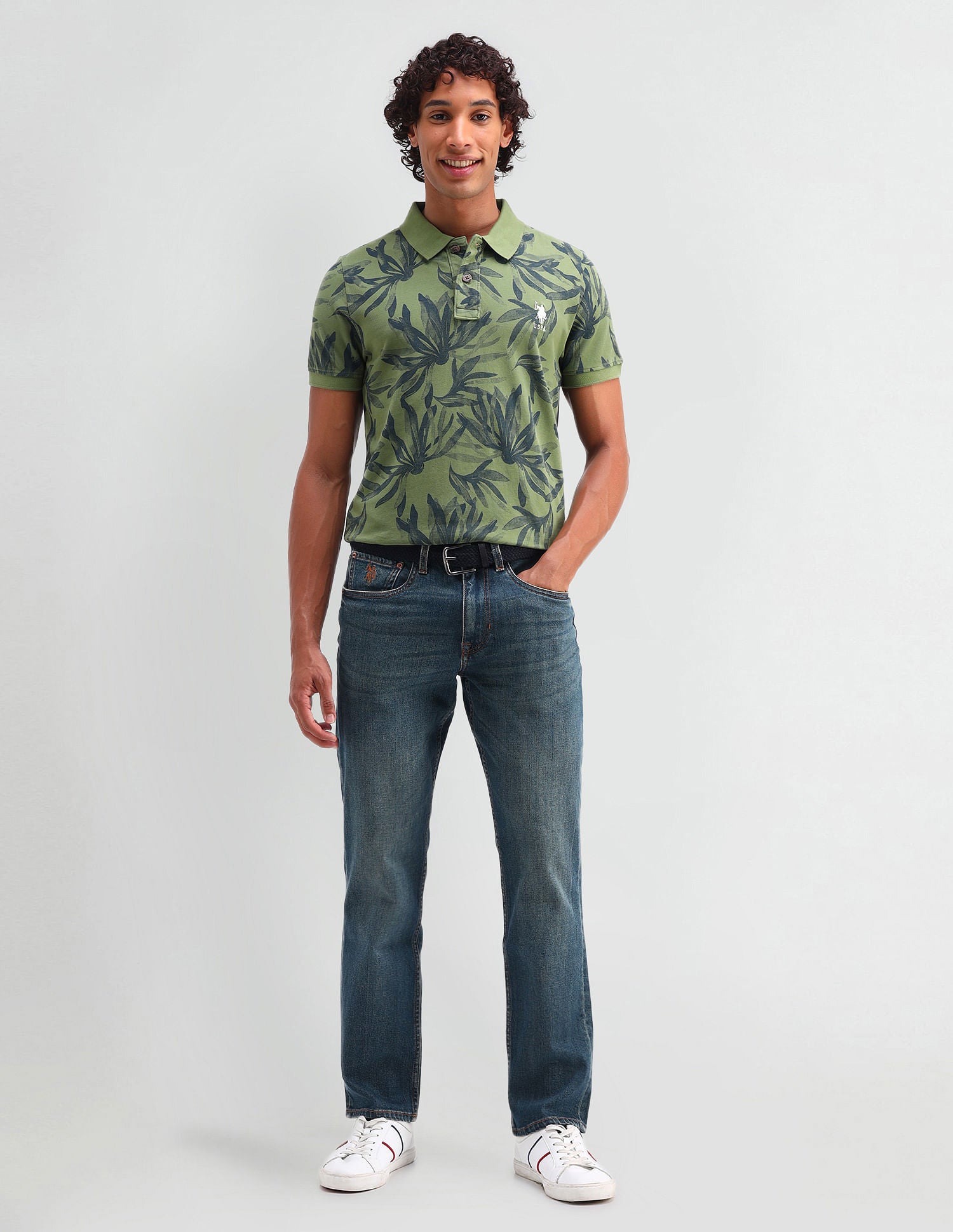 Floral Print Cotton Polo Shirt Green - U.S. POLO ASSN. | Large