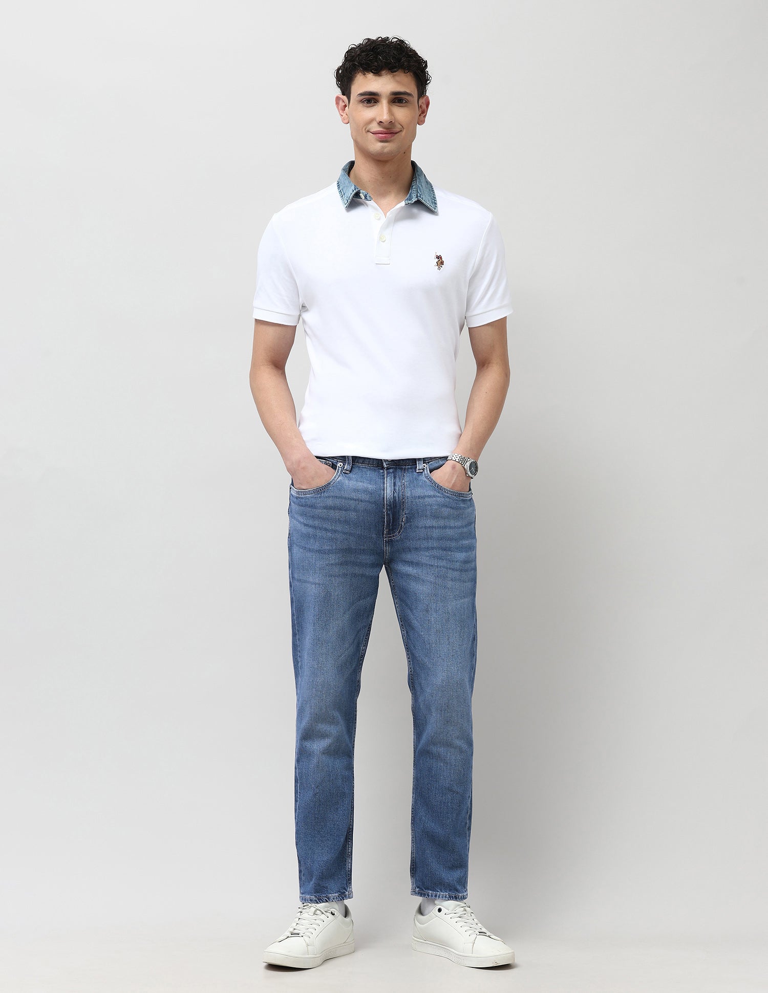 Cole Comfort Cropped Fit Blue Jeans Mid Wash - U.S. POLO ASSN. | Large