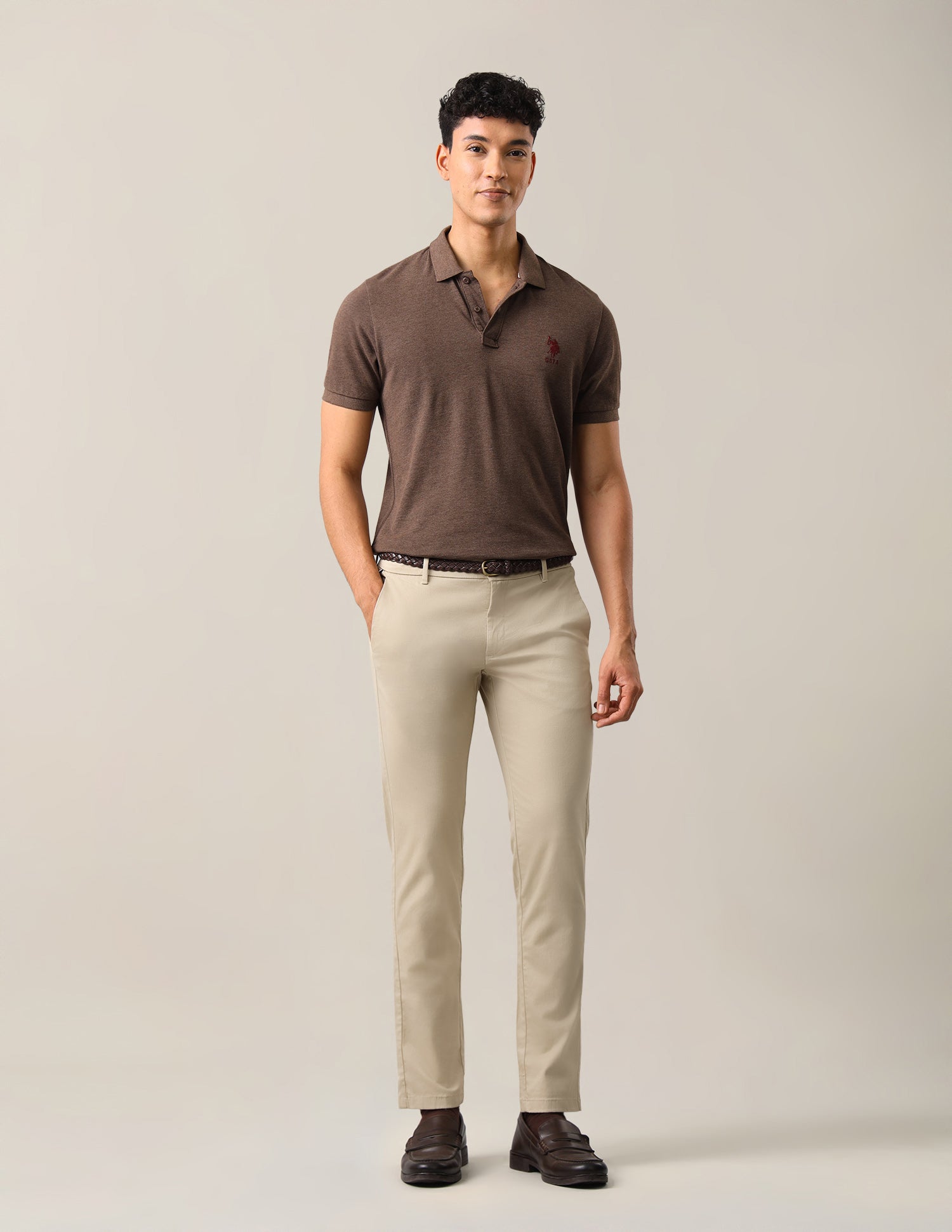 Denver Slim Fit Dobby Trousers Light Khaki - U.S. Polo Assn. India | Large