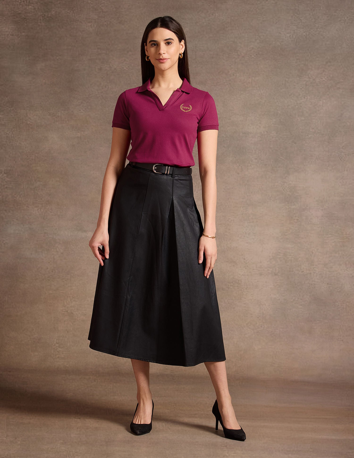 Lurex Branding V Neck Polo Shirt Wine - U.S. POLO ASSN. | Large