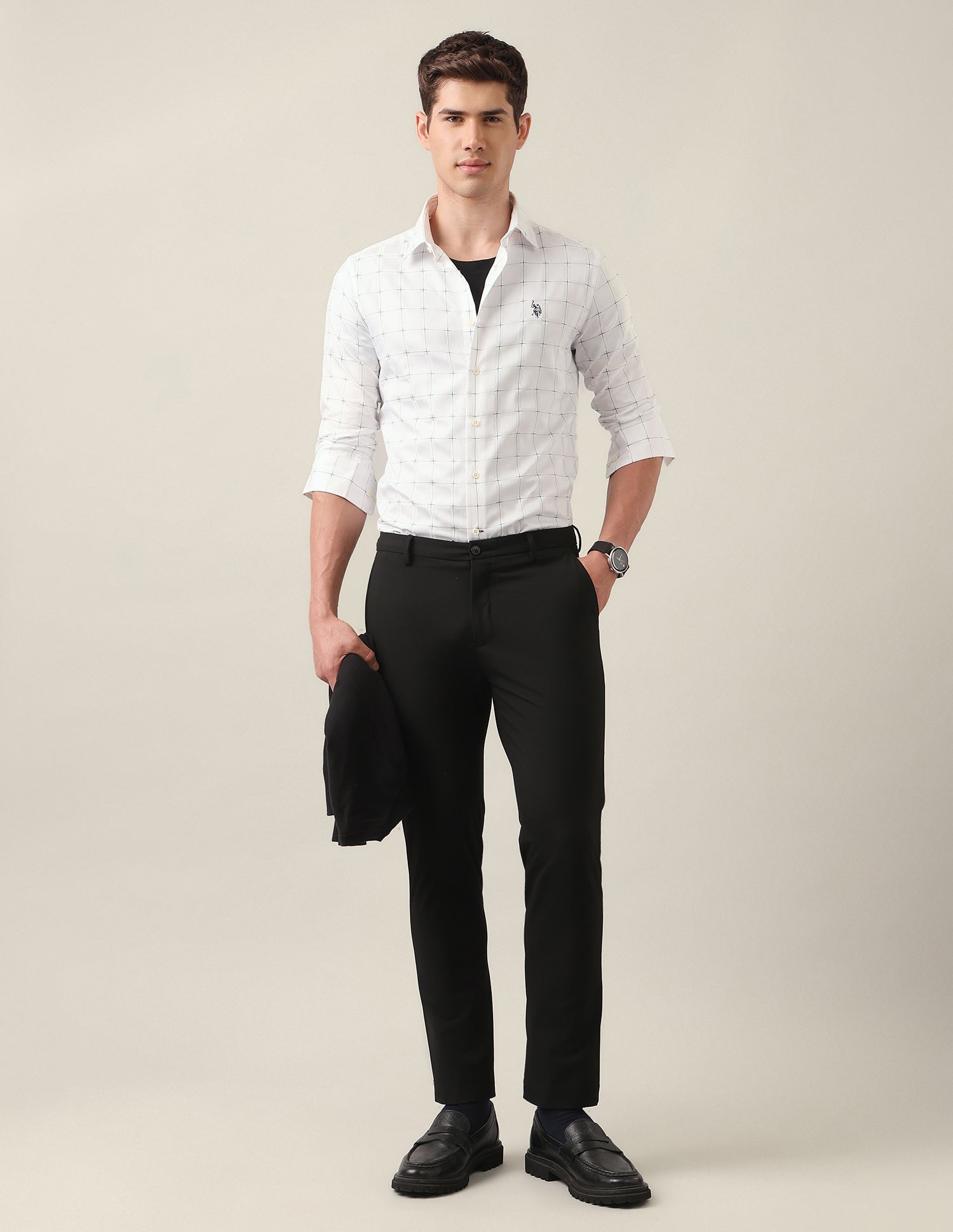 Windowpane Checked Satin Shirt White - U.S. Polo Assn. India | Large