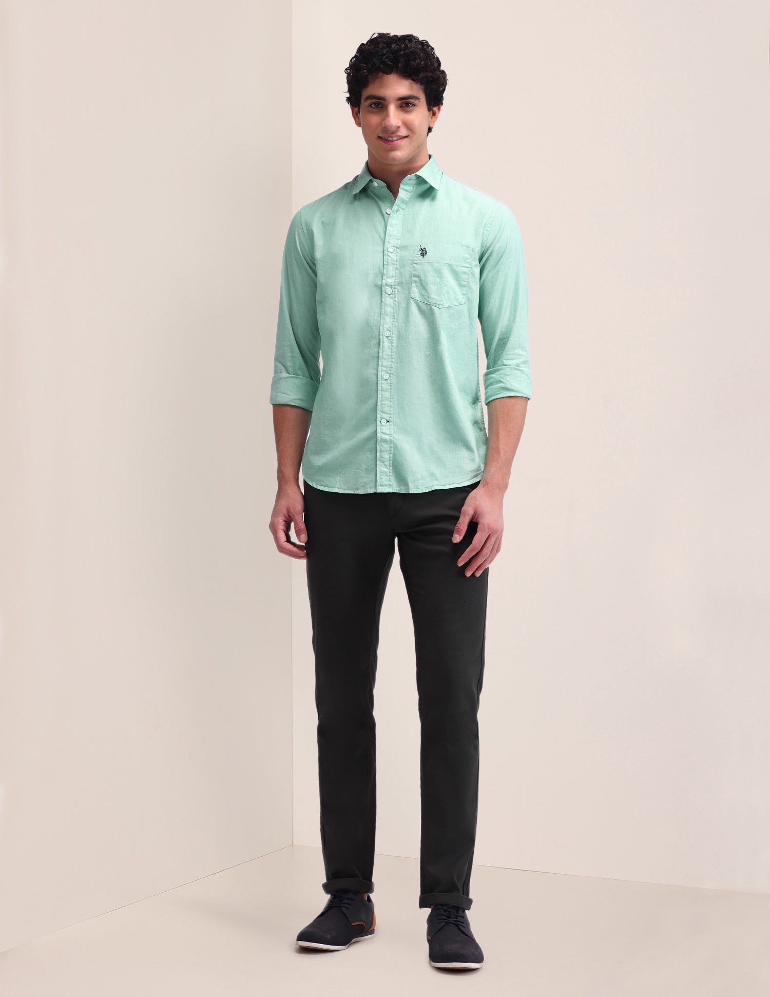 Textured Pattern Poplin Shirt Green - U.S. Polo Assn. India | Large
