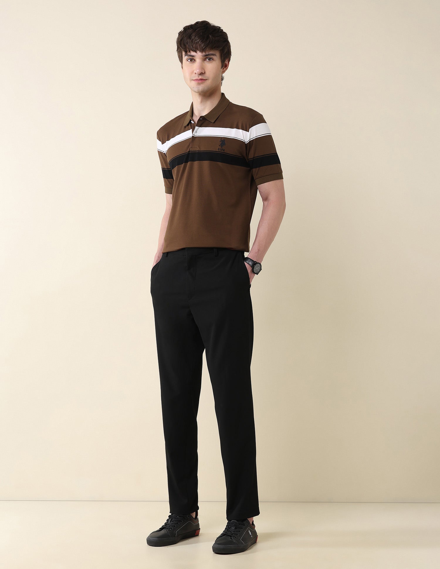 Horizontal Striped Modern Monochrome Polo Shirt Brown - U.S. Polo Assn. India | Large