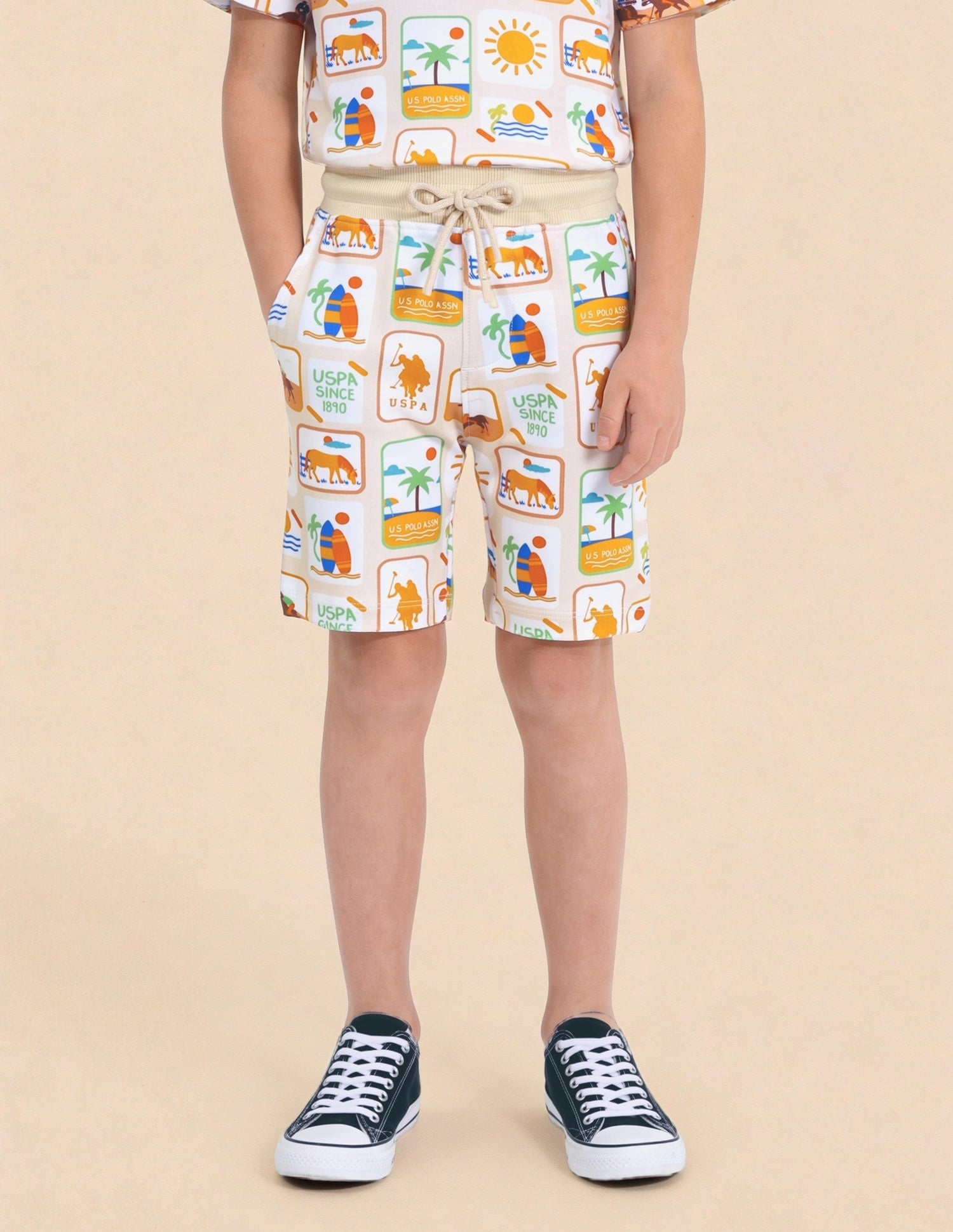 Graphic Brand Printed Regular Fit Shorts Beige - U.S. Polo Assn. India | Large