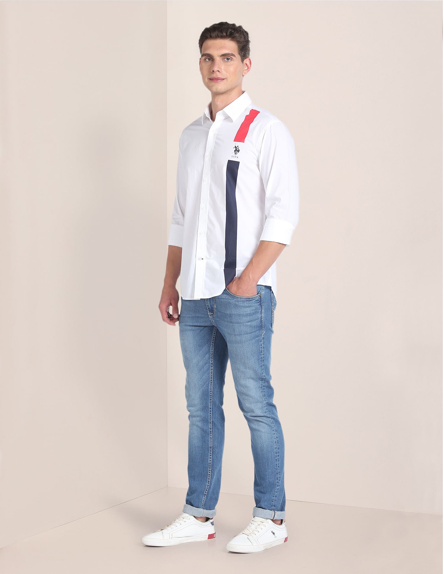 Vertical Stripe Cotton Shirt White - U.S. POLO ASSN. | Large