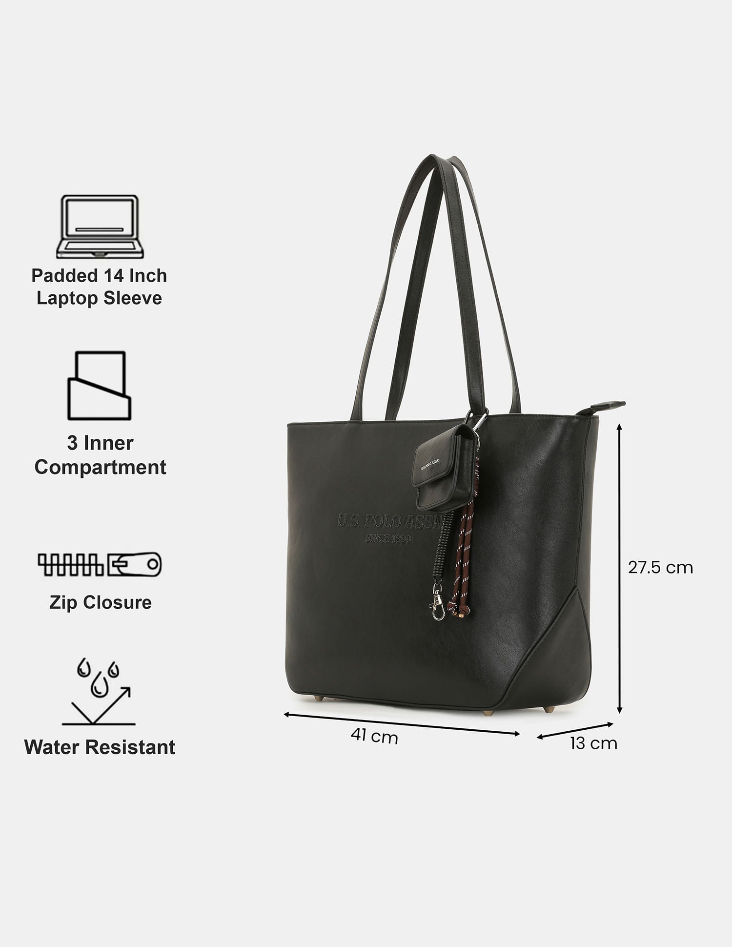 Women Bree Professional Tote Bag with Key Holder Black - U.S. POLO ASSN. | Large