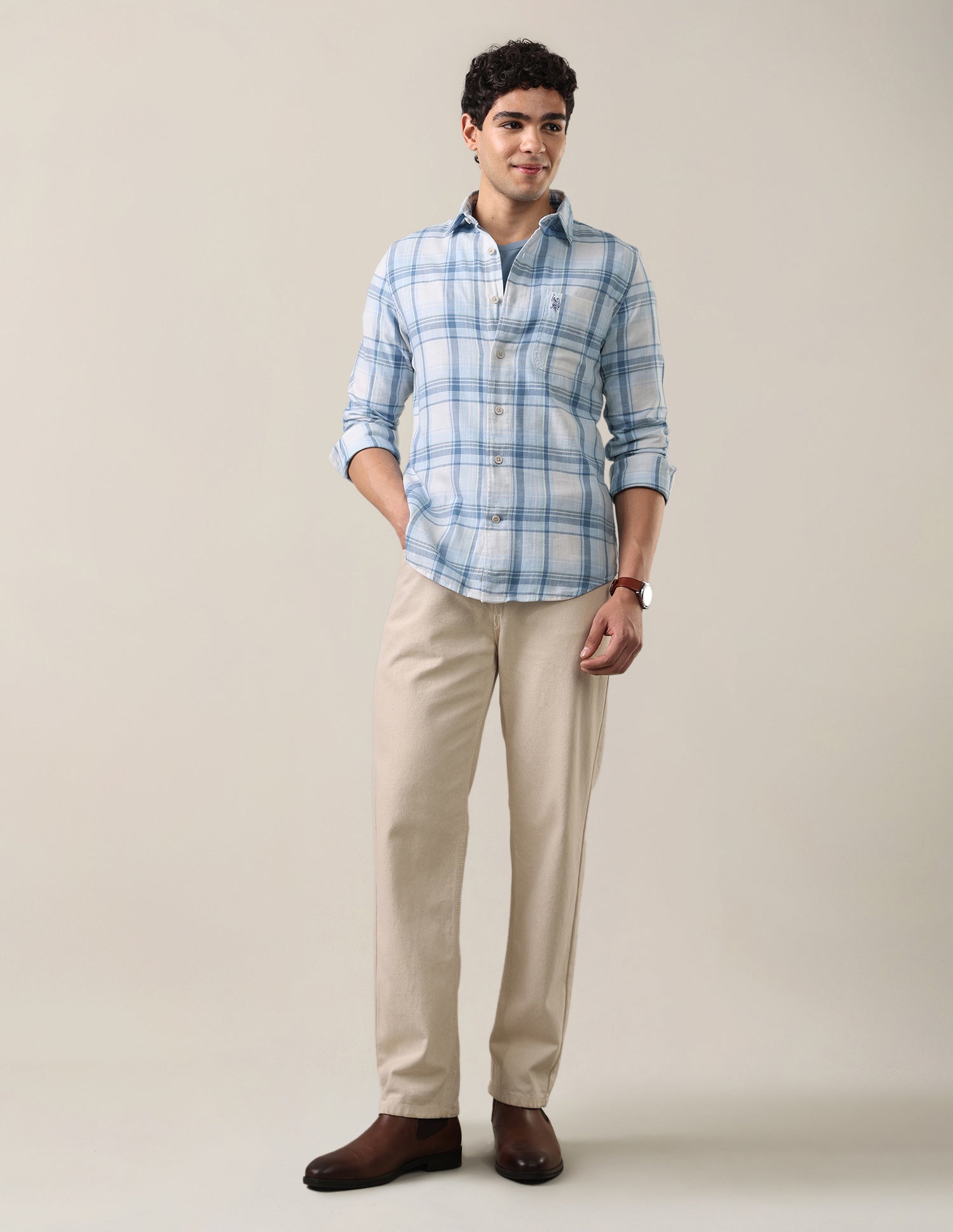 Twill Windowpane Checked Shirt Light Blue - U.S. Polo Assn. India | Large