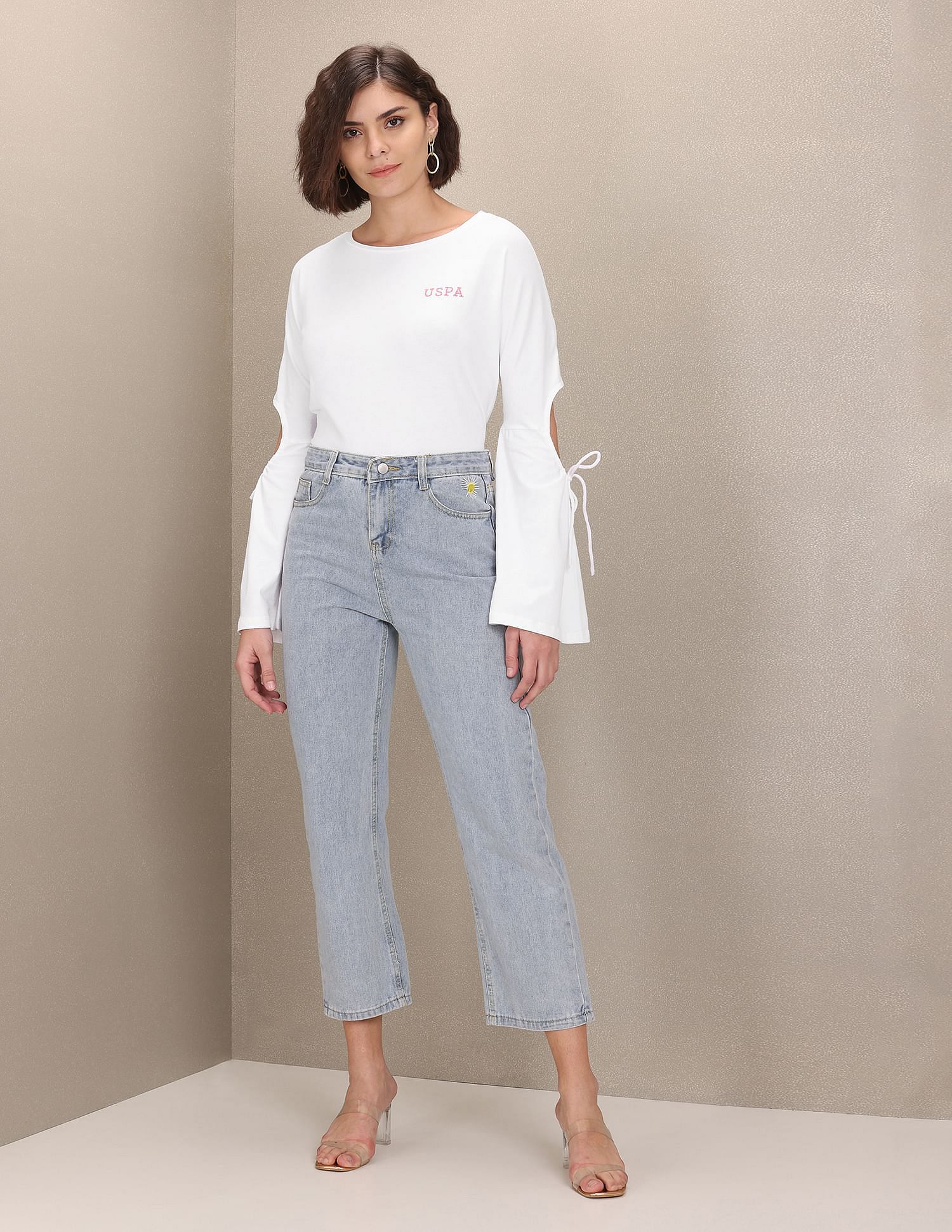 Round Neck Peasant Tie-Up Puff Sleeve Top White - U.S. Polo Assn. India | Large
