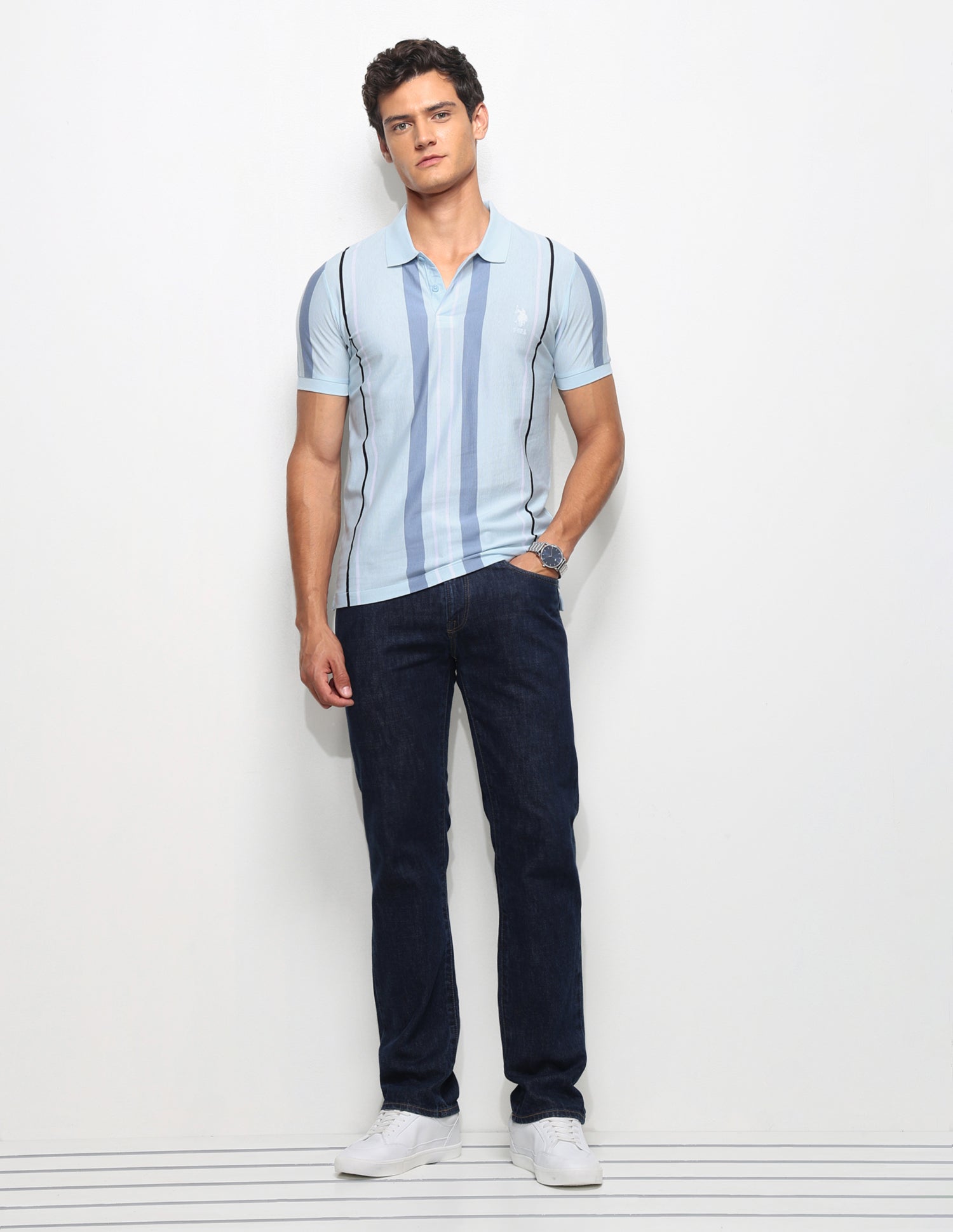 Vertical Striped Slim Fit Polo Shirt Light Blue - U.S. Polo Assn. India | Large