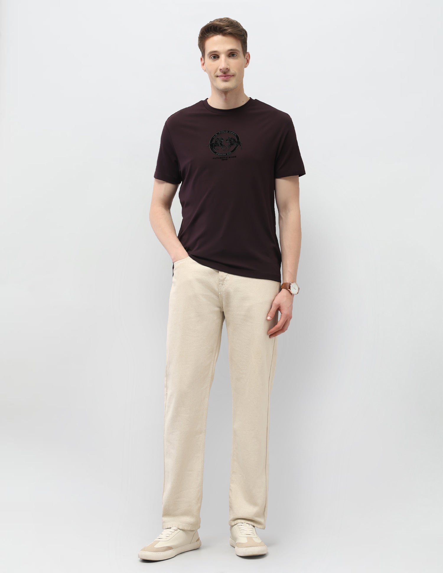 Solid Slim Fit Black & Gold T-Shirt Wine - U.S. Polo Assn. India | Large