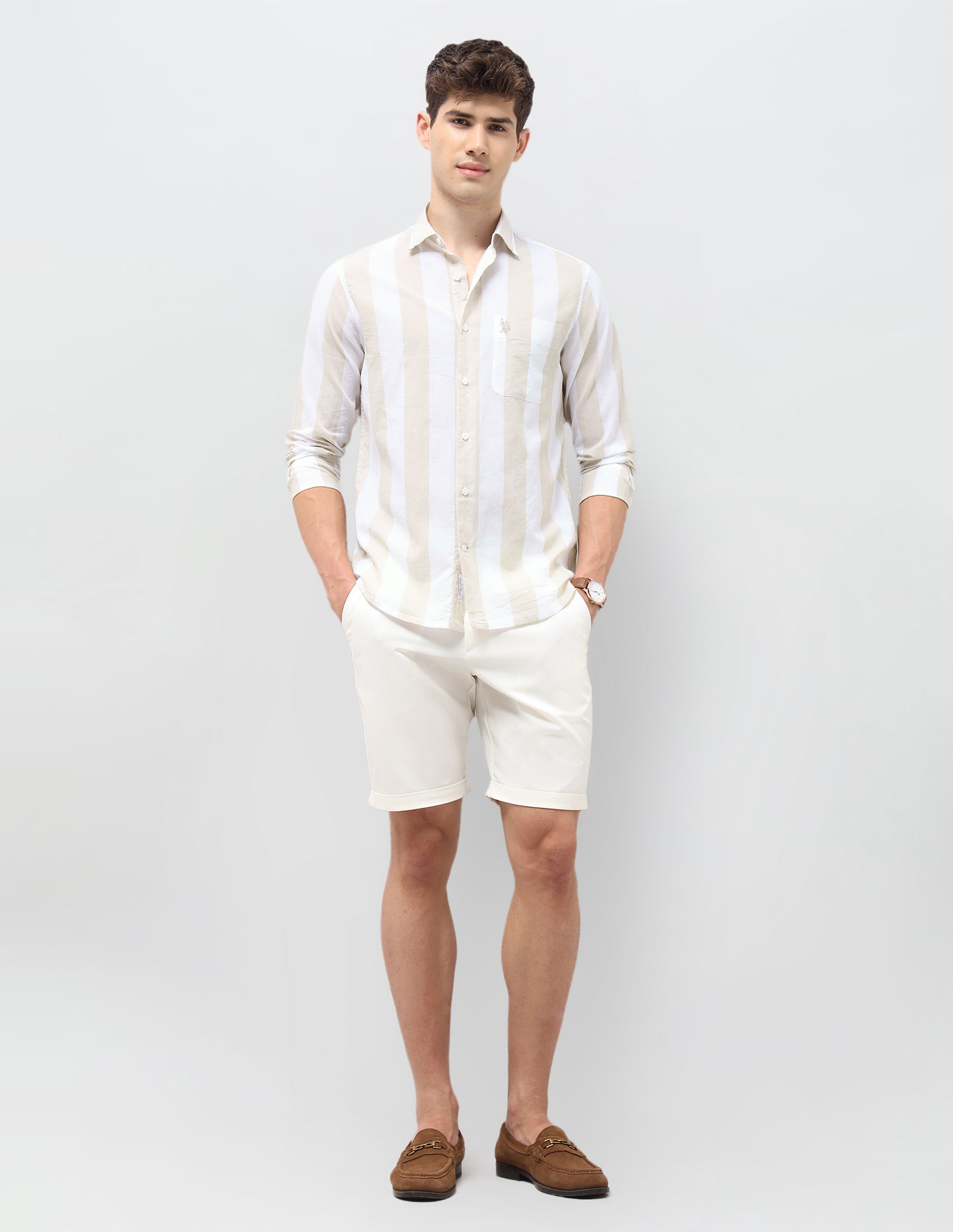 Vertical Striped Tailored Fit Shirt Beige - U.S. Polo Assn. India | Large