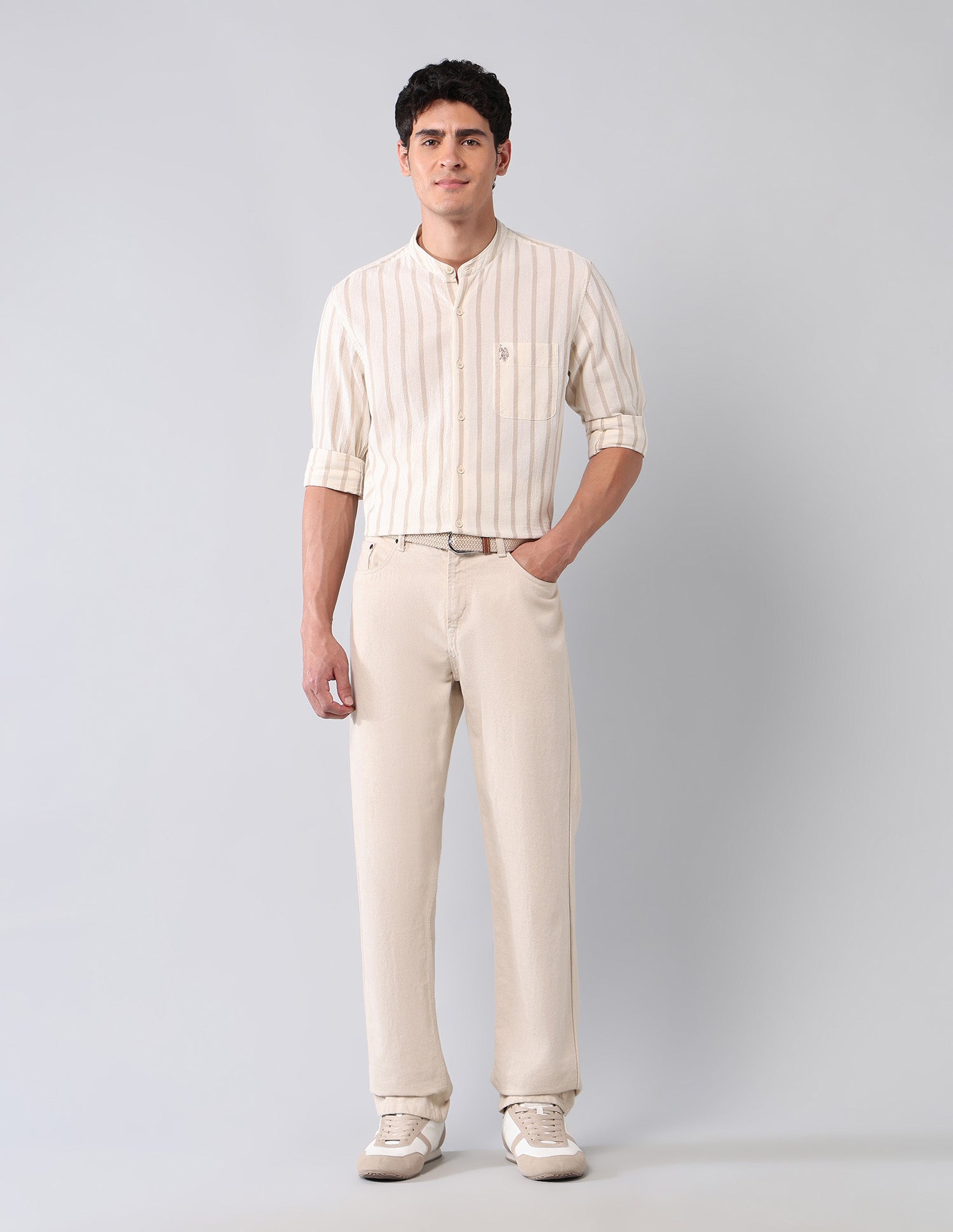 Vertical Striped Pure Cotton Shirt Ecru - U.S. Polo Assn. India | Large