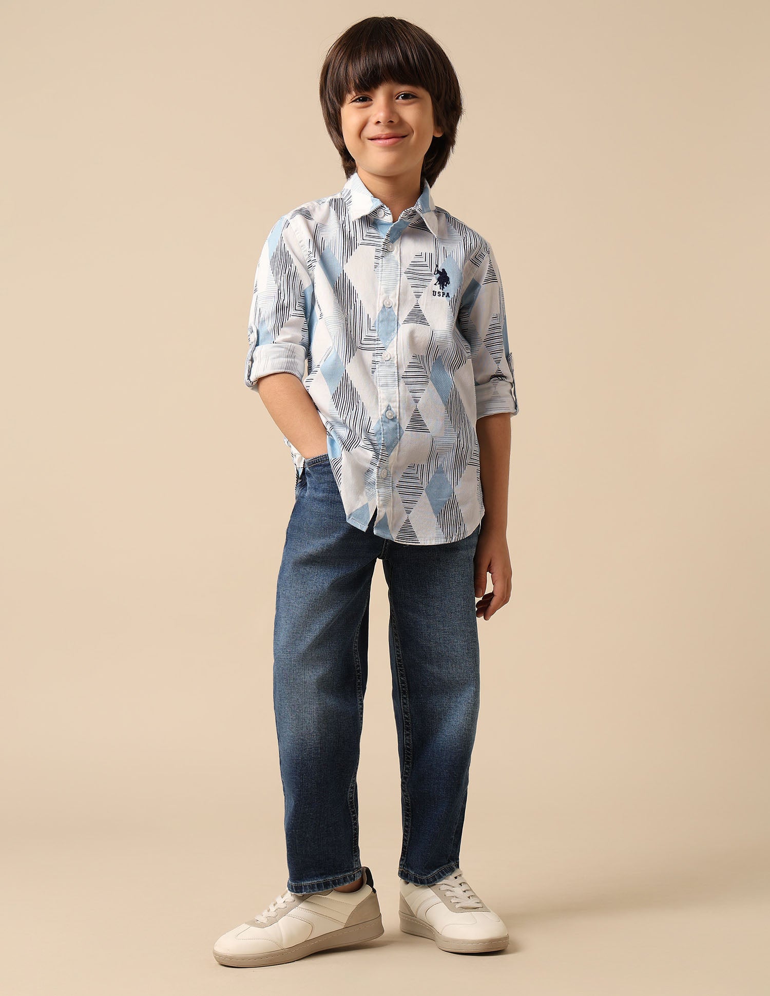 Boys All Over Printed Dobby Shirt White - U.S. POLO ASSN. | Large