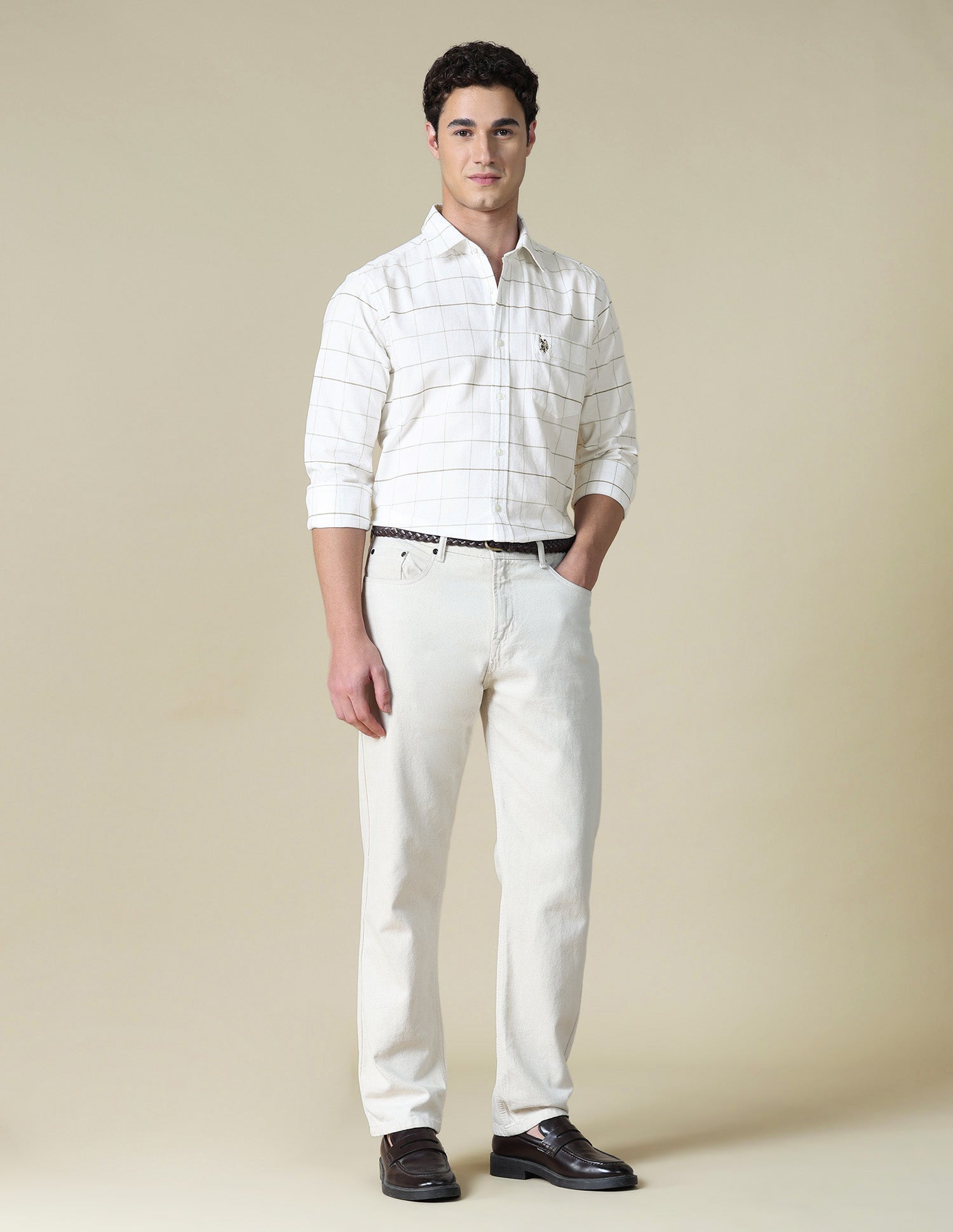 Windowpane Checked Oxford Shirt Beige - U.S. Polo Assn. India | Large
