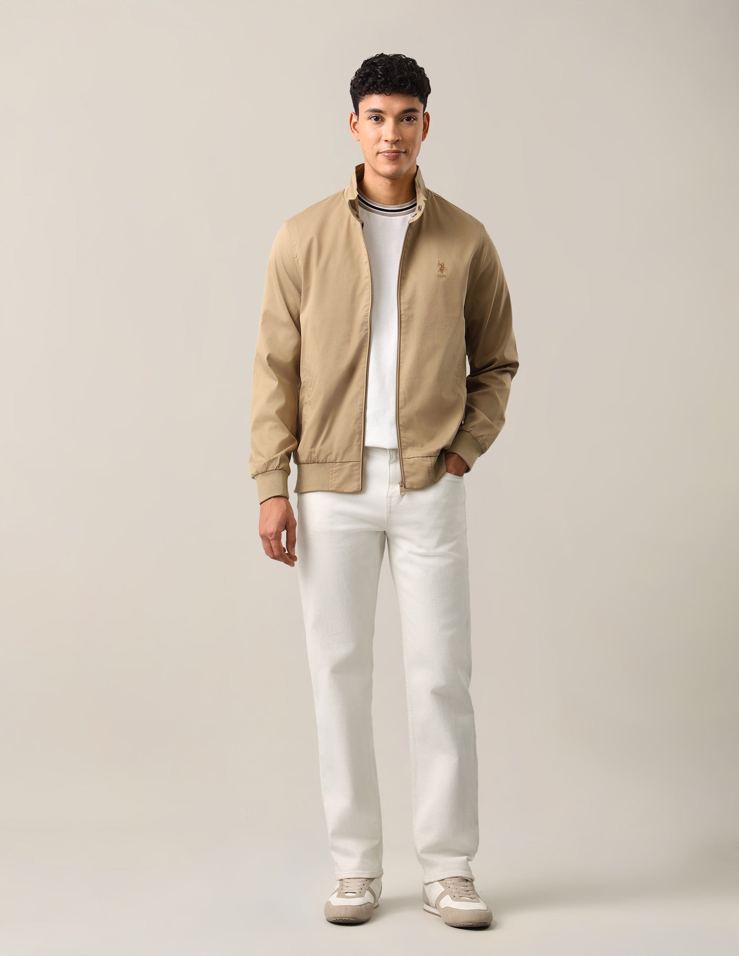 Solid Regular Fit Bomber Jacket Khaki - U.S. Polo Assn. India | Large