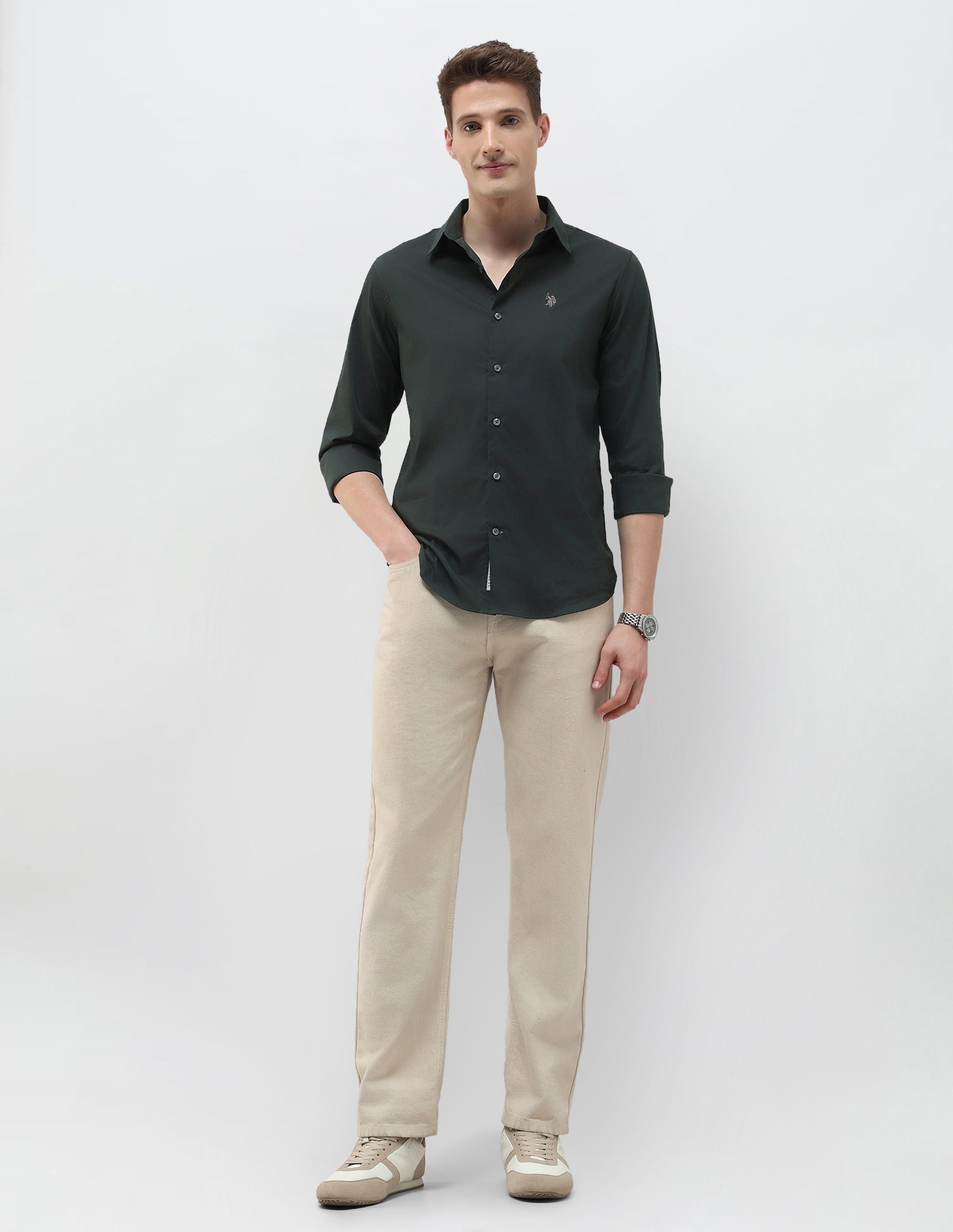 Solid Black & Gold Regular Fit Shirt Dark Green - U.S. Polo Assn. India | Large