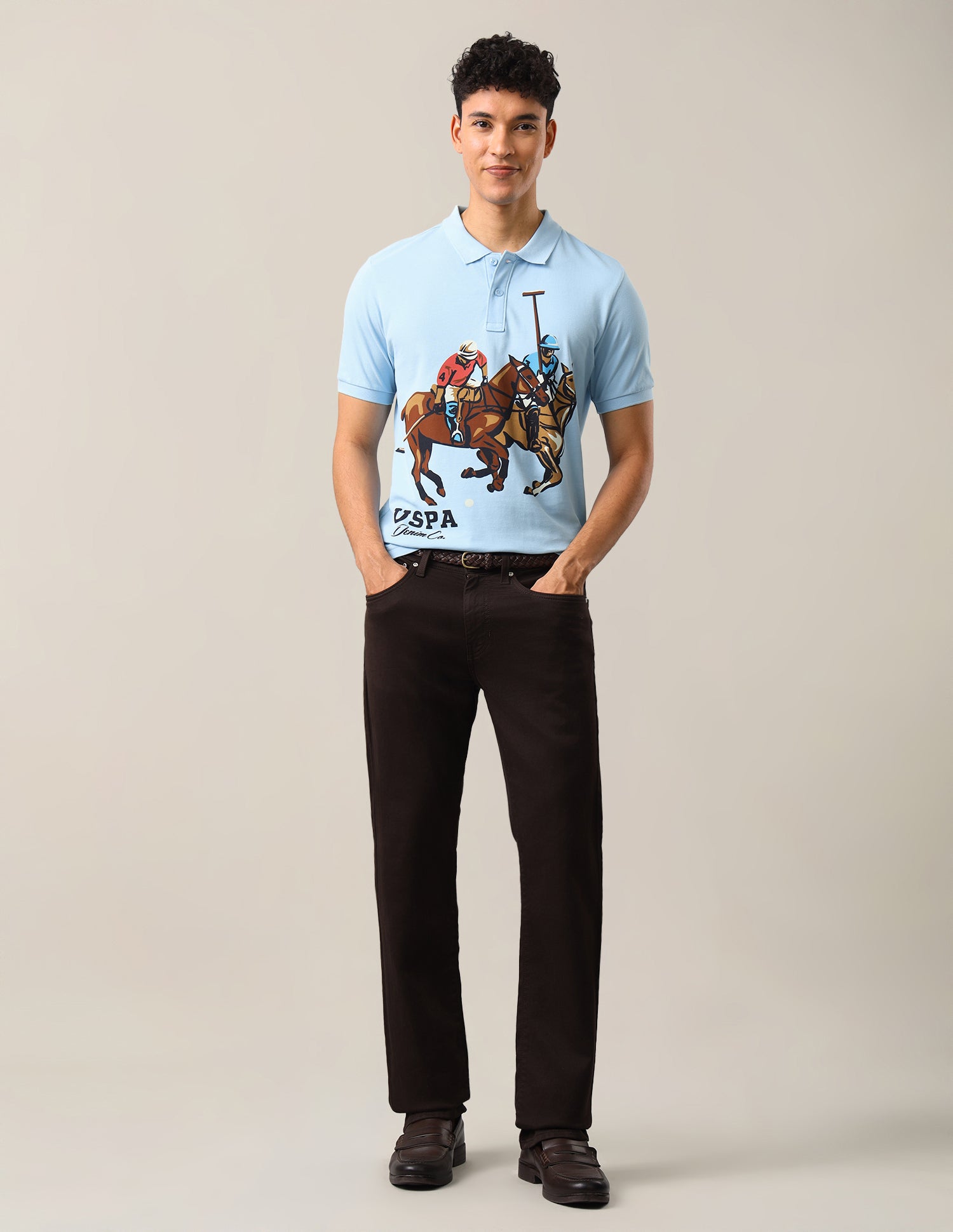 Graphic Brand Printed Slim Fit Polo Shirt Light Blue - U.S. Polo Assn. India | Large