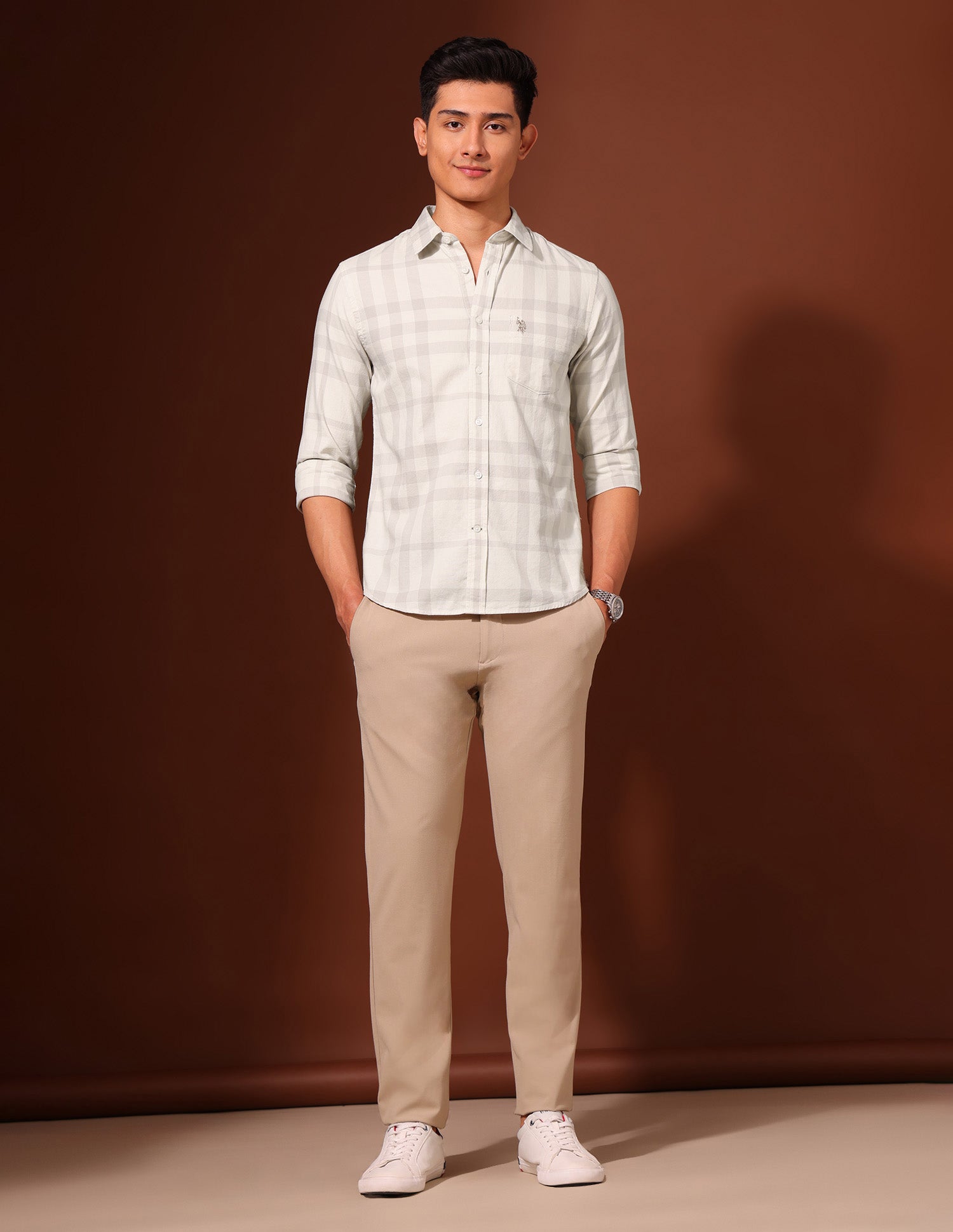 Grid Tattersall Checked Pure Cotton Shirt Khaki - U.S. Polo Assn. India | Large