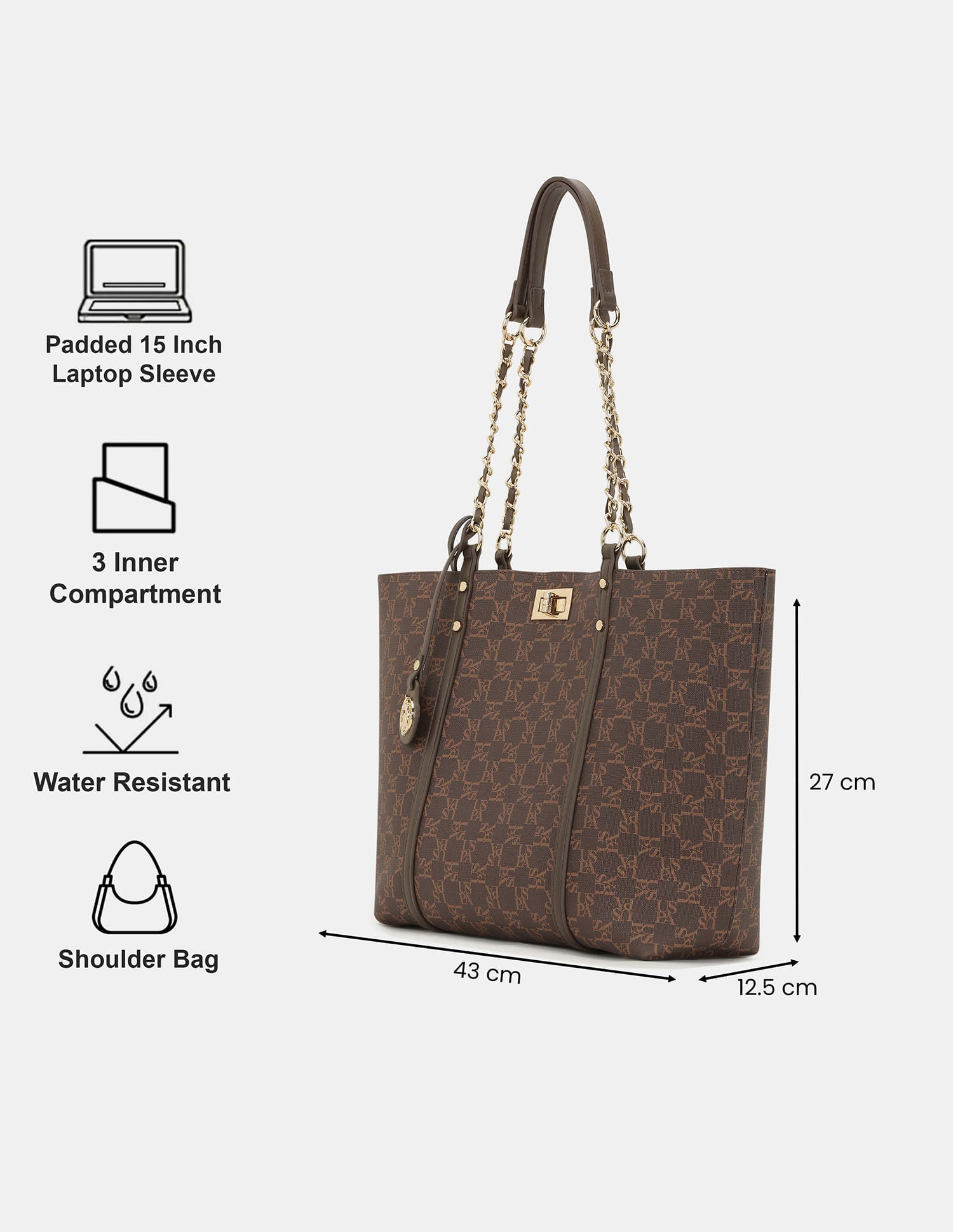 Women Kylie Monogram Tote Bag with Twist Lock Brown - U.S. POLO ASSN. | Large