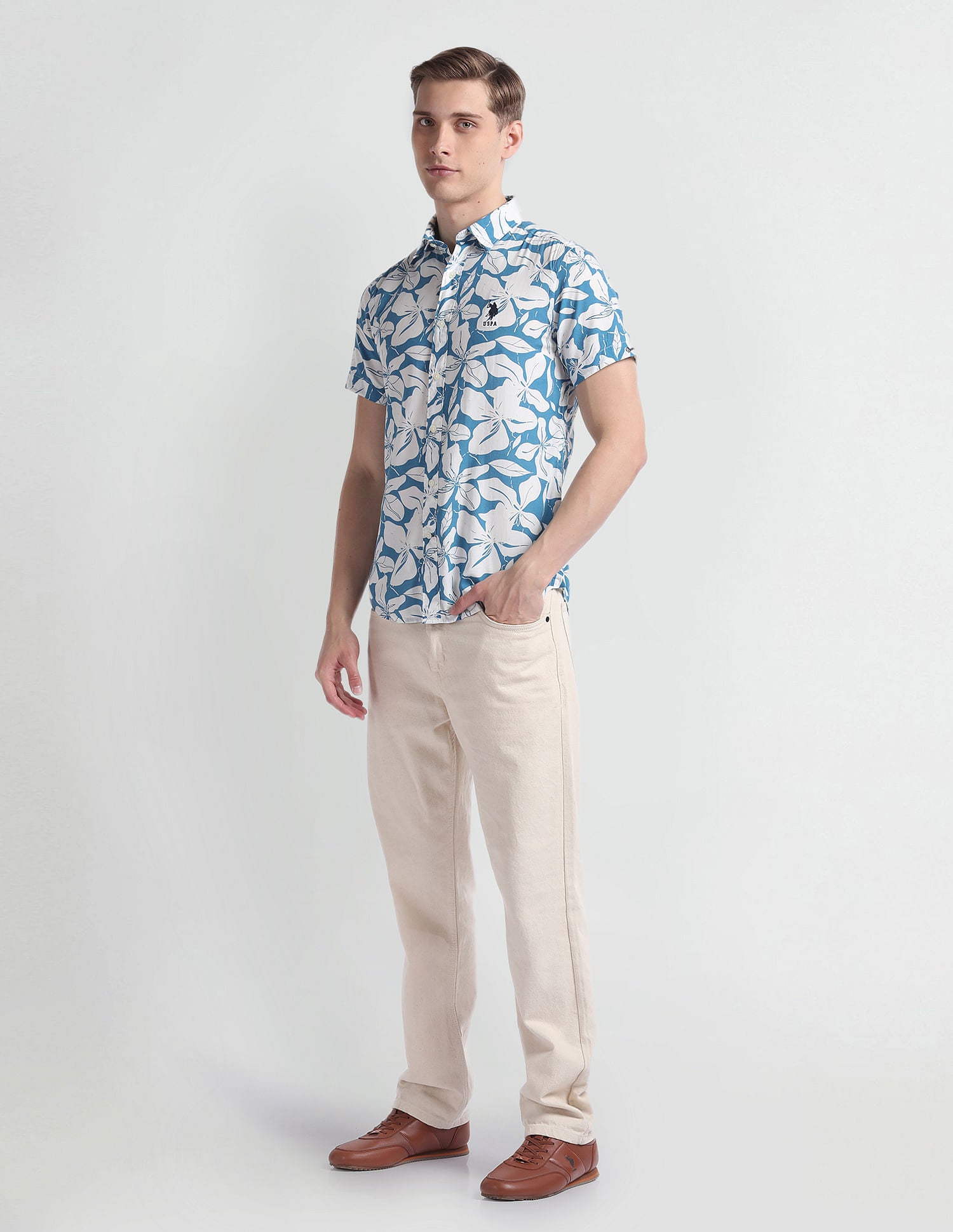 Floral Print Cotton Shirt Blue - U.S. Polo Assn. India | Large