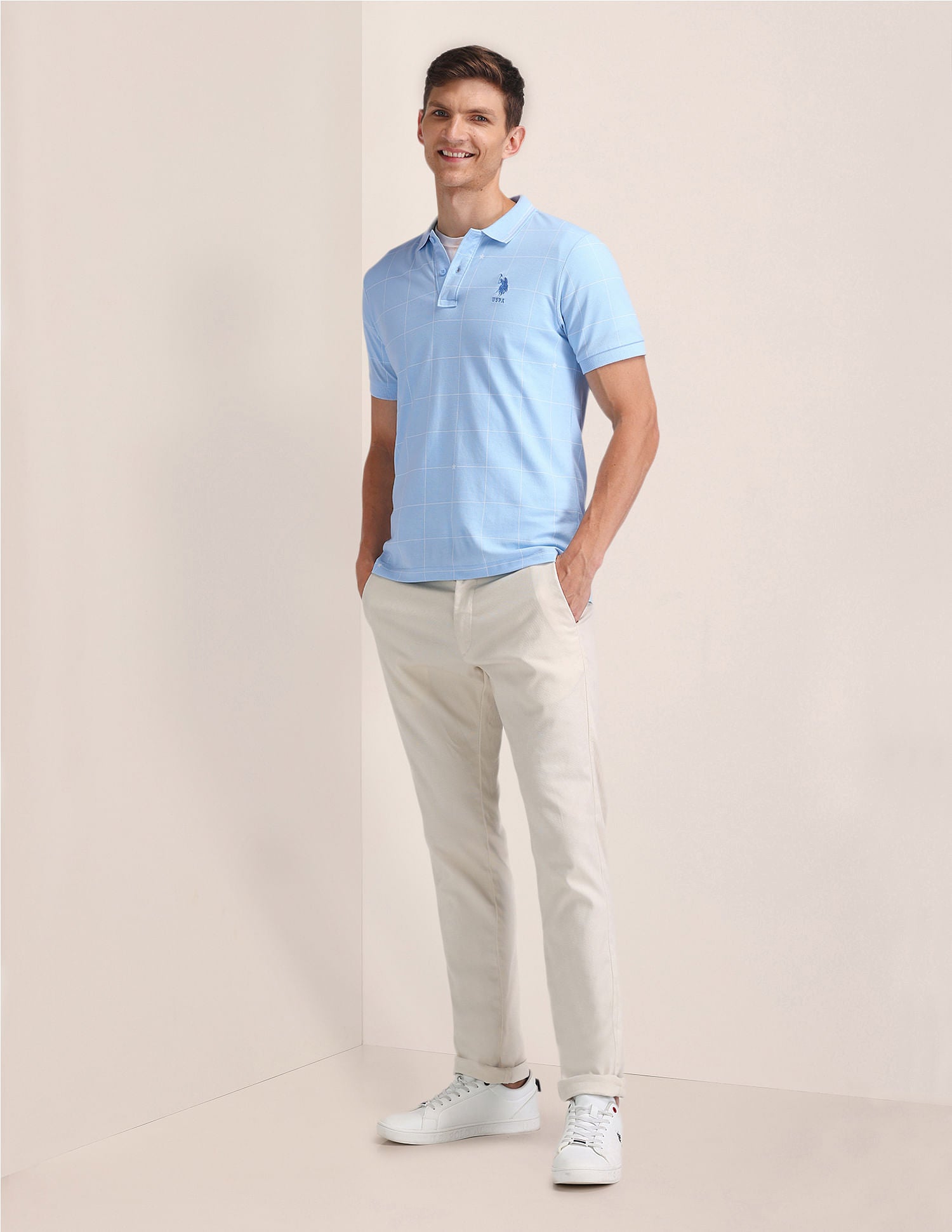 Slim Fit Checked Cotton Polo Shirt Blue - U.S. Polo Assn. India | Large