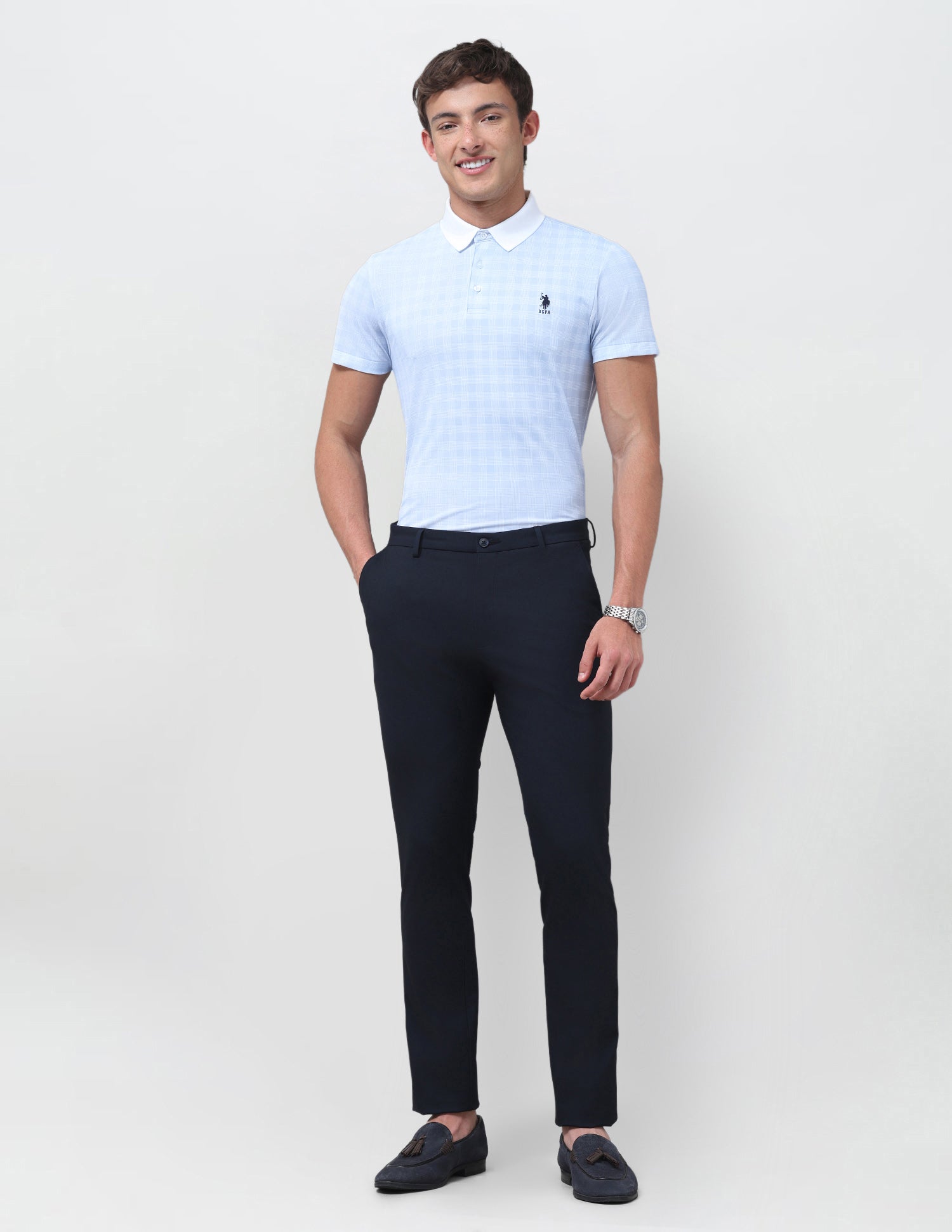 Checked Slim Fit Polo Shirt Light Blue - U.S. Polo Assn. India | Large
