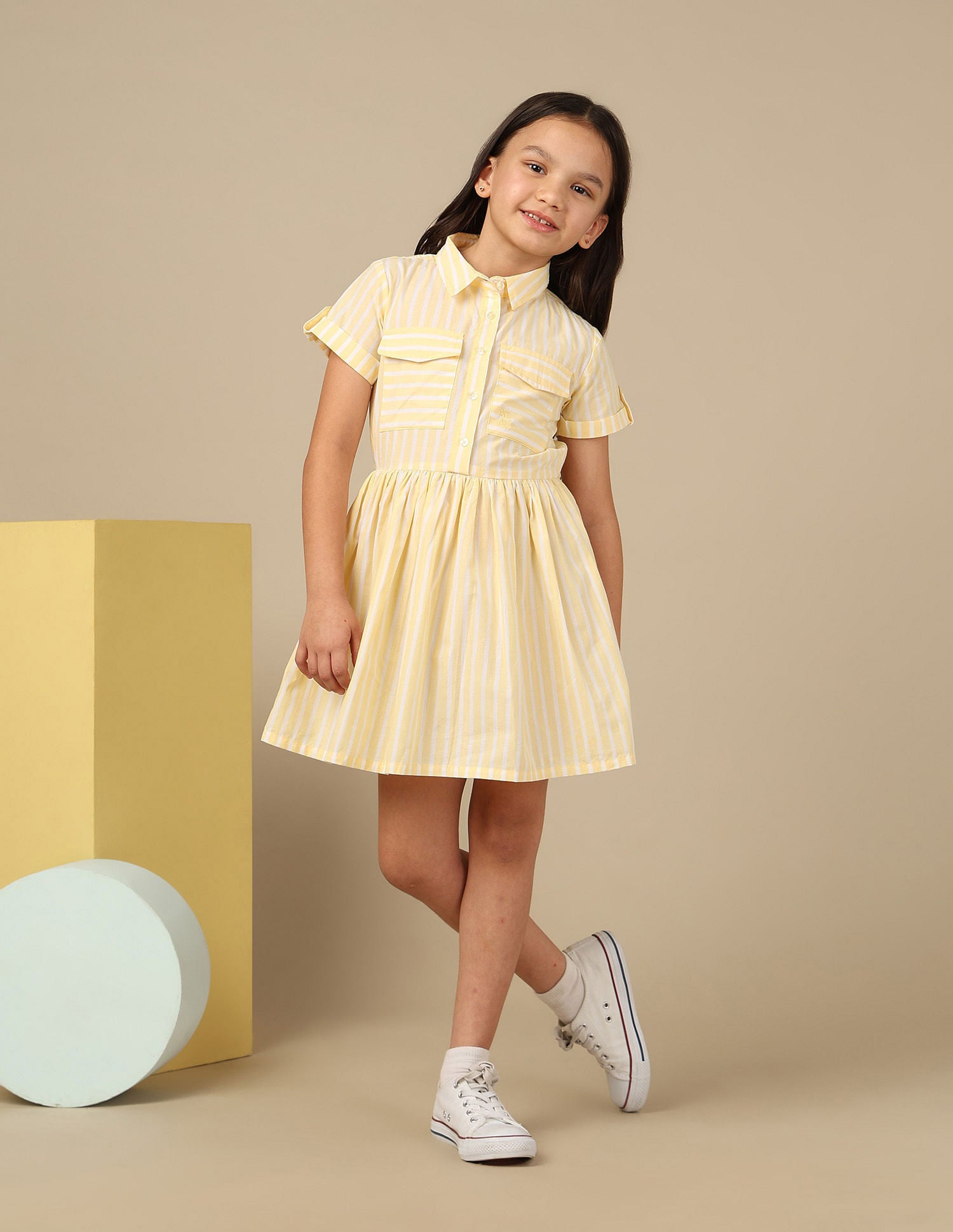 Girls Vertical Striped Shirt Dress Light Yellow - U.S. POLO ASSN. | Large
