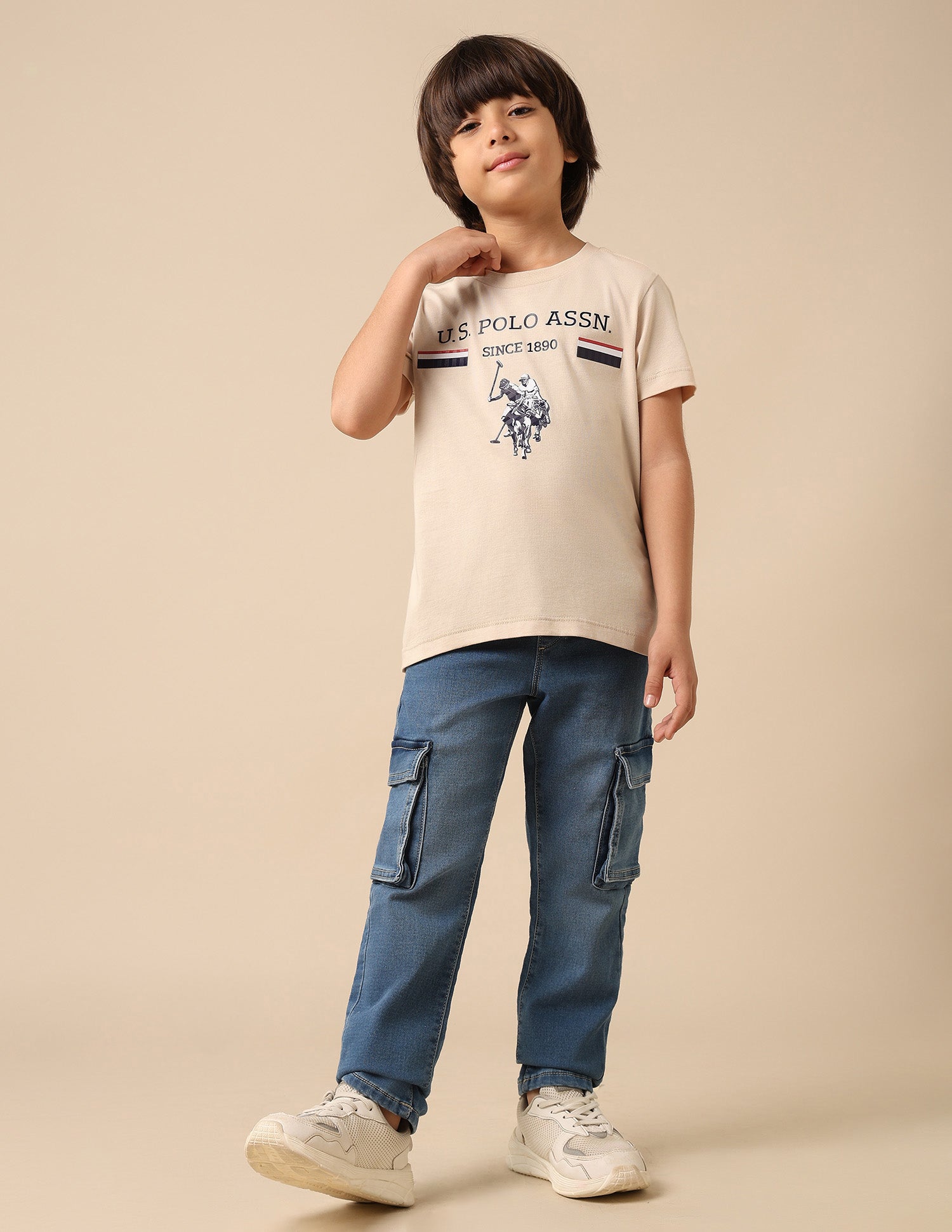Boys Brand Embossed Pure Cotton T Shirt Beige - U.S. POLO ASSN. | Large