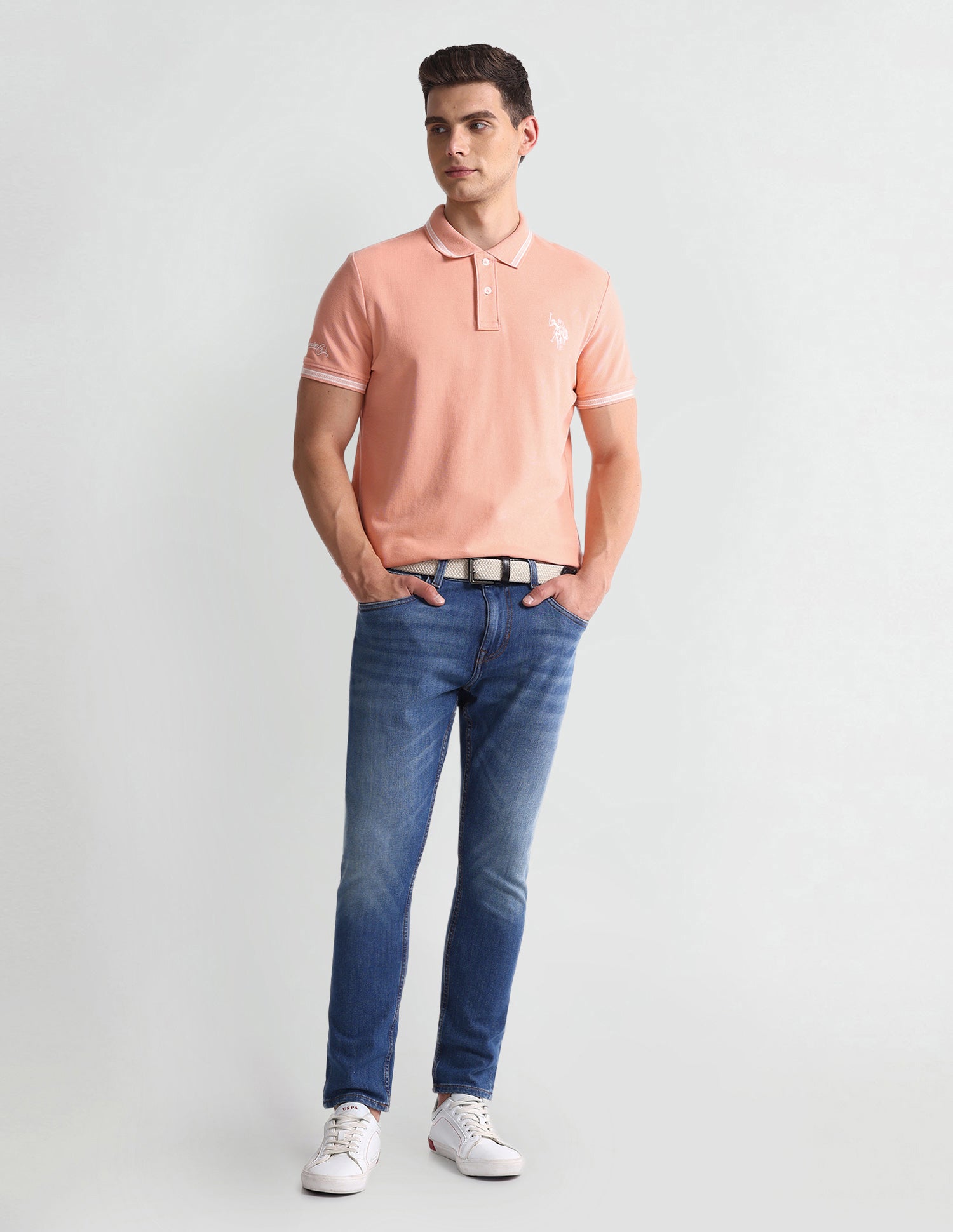 Patterned Collar Muscle Fit Polo Shirt Peach - U.S. Polo Assn. India | Large