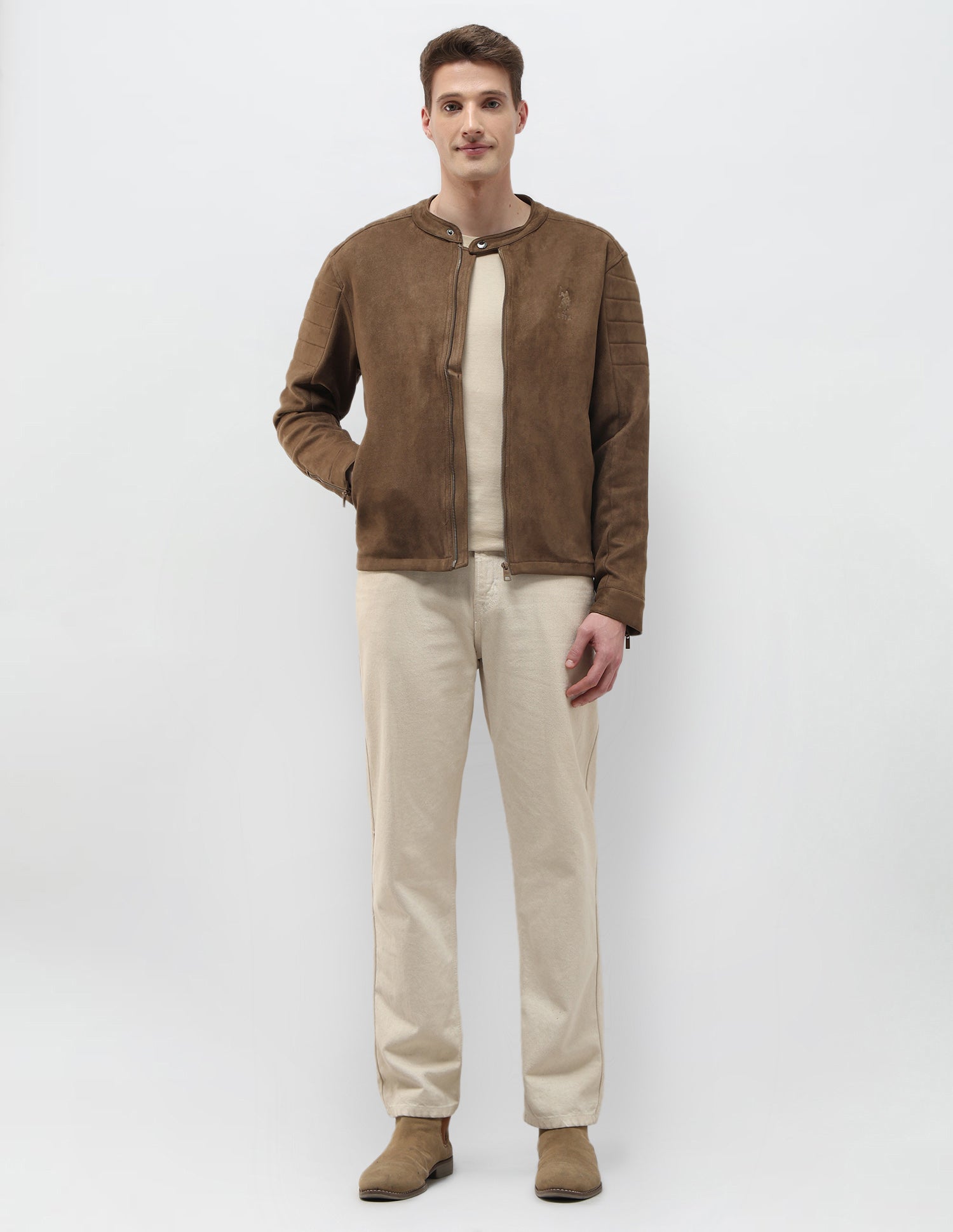 Solid Regular Fit Biker Jacket Brown - U.S. Polo Assn. India | Large