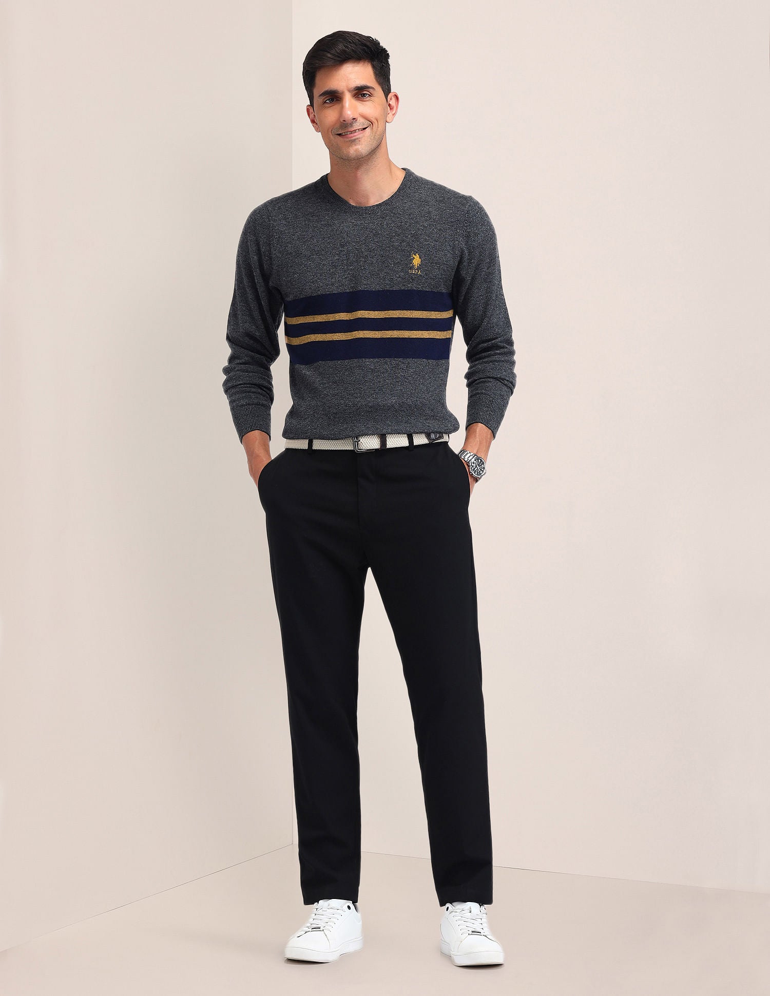 Regular Fit Striped Sweater Charcoal - U.S. Polo Assn. India | Large