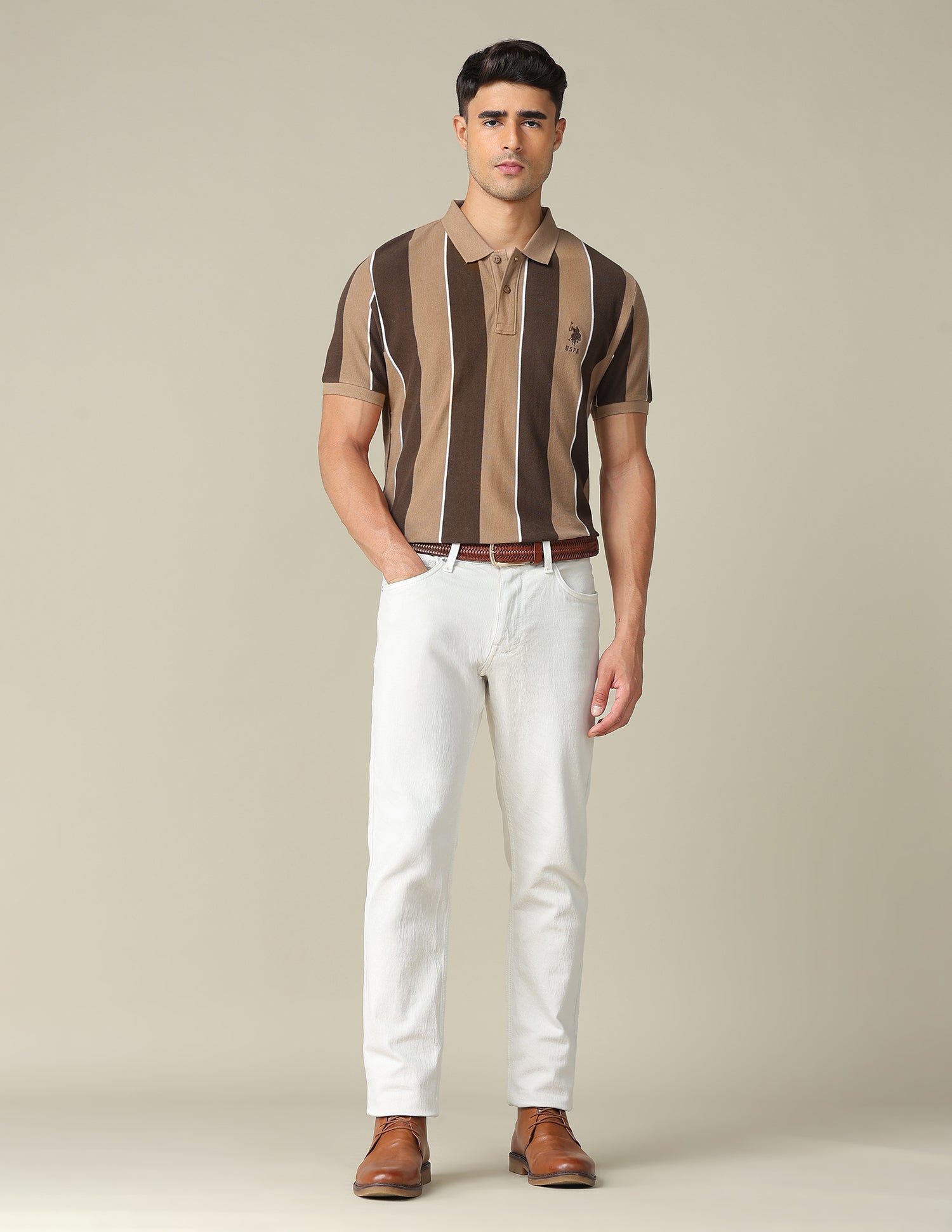 Vertical Striped Regular Fit Polo Shirt Beige - U.S. POLO ASSN. | Large