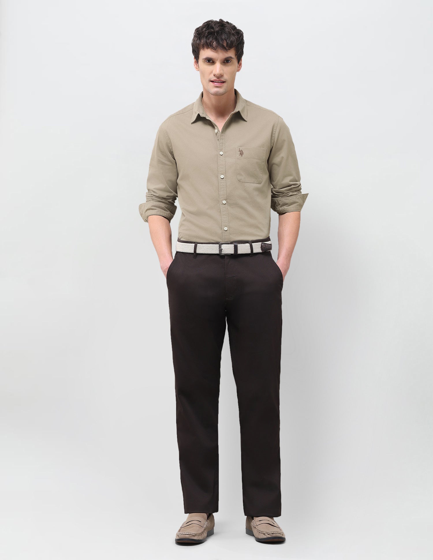 Solid Regular Fit Shirt Khaki - U.S. Polo Assn. India | Large