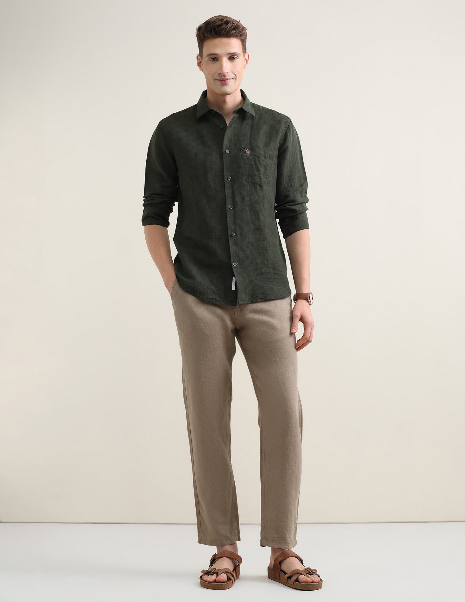 Solid Regular Fit Shirt Olive - U.S. Polo Assn. India | Large