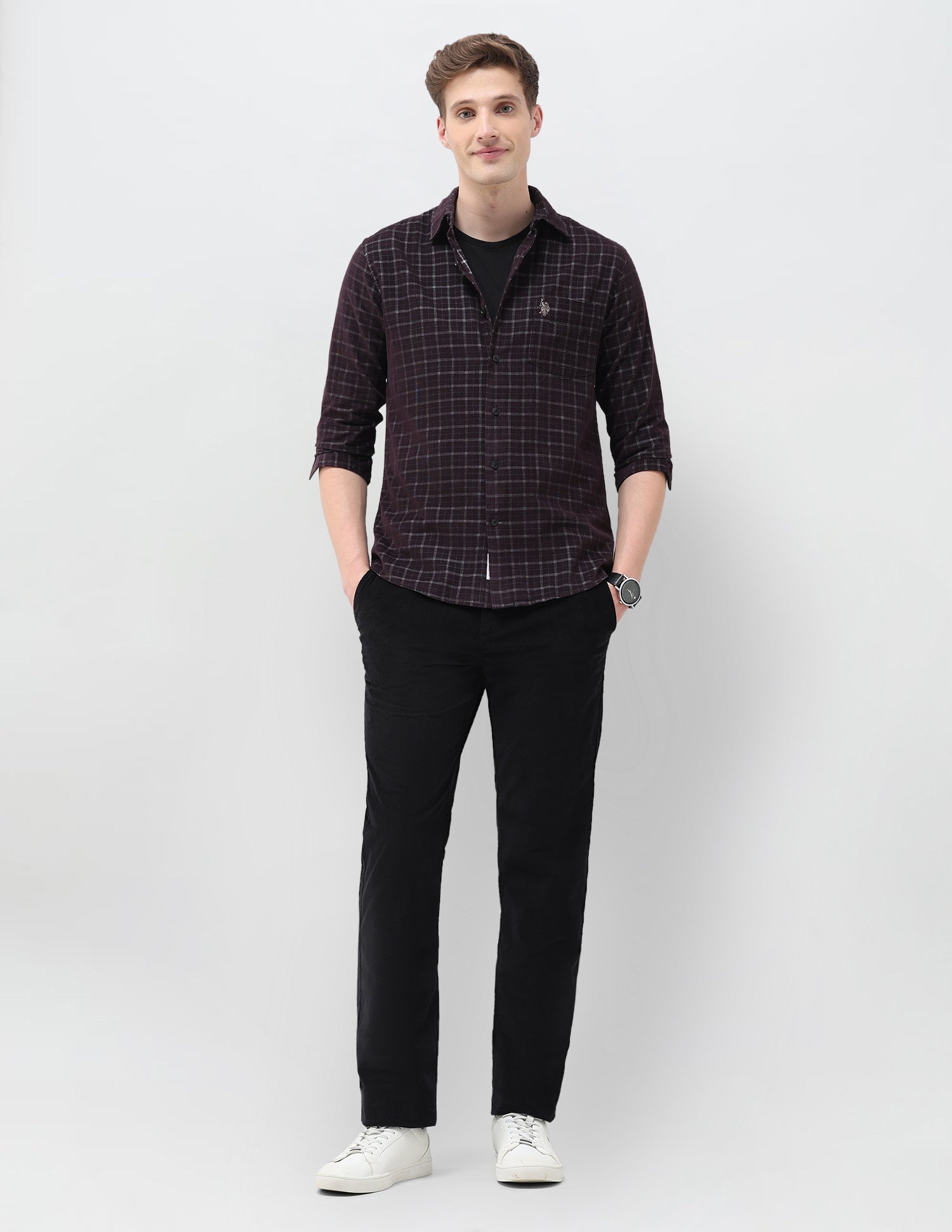 Grid Tattersall Checked Corduroy Shirt Maroon - U.S. POLO ASSN. | Large