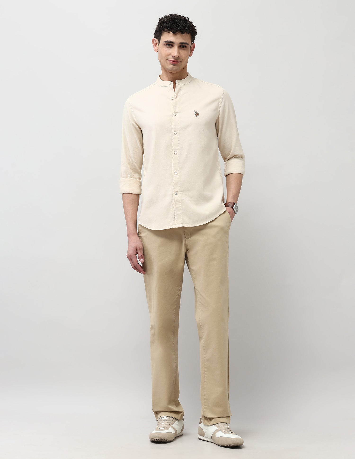 Twill Pure Cotton Mandarin Shirt Ivory - U.S. POLO ASSN. | Large