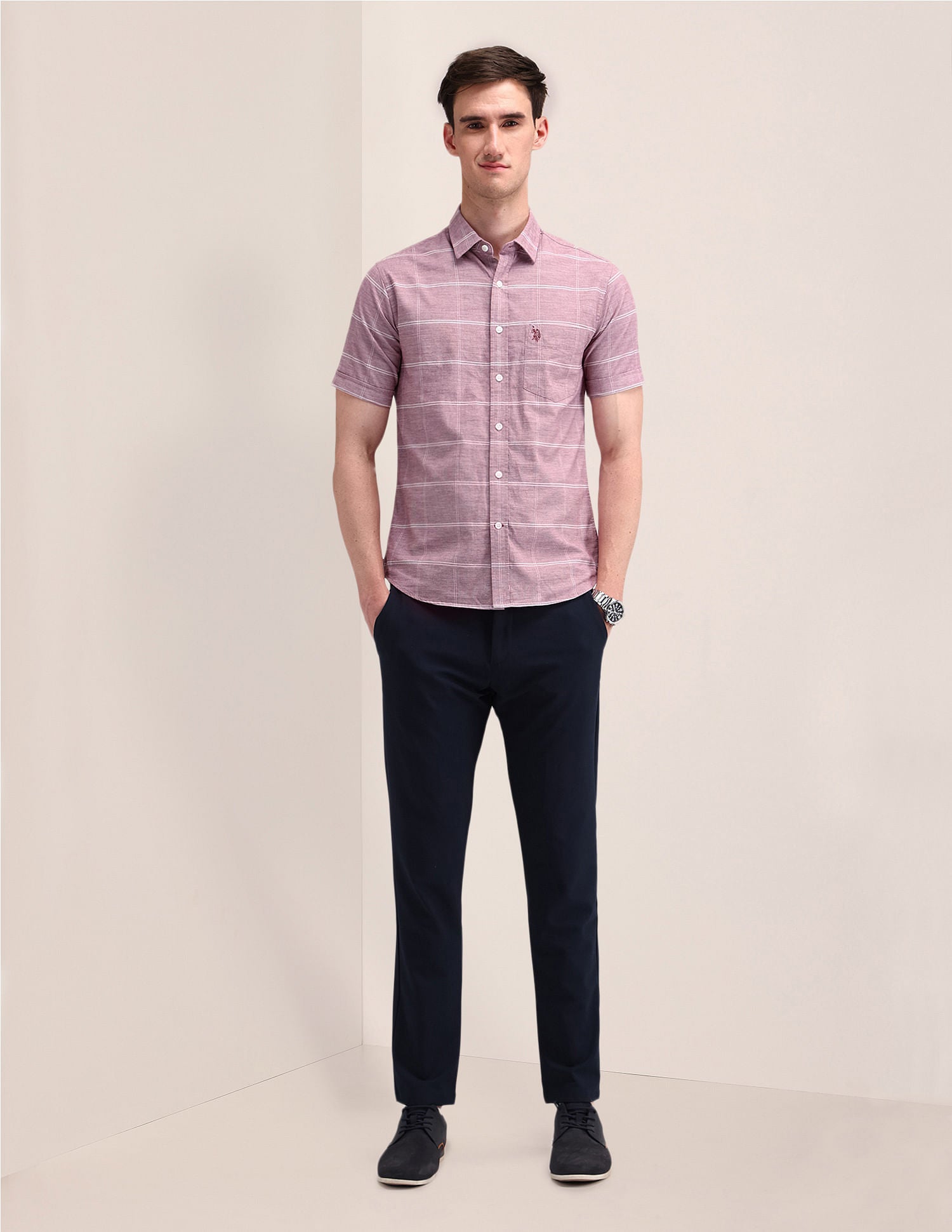 Windowpane Checked Regular Fit Shirt Maroon - U.S. Polo Assn. India | Large