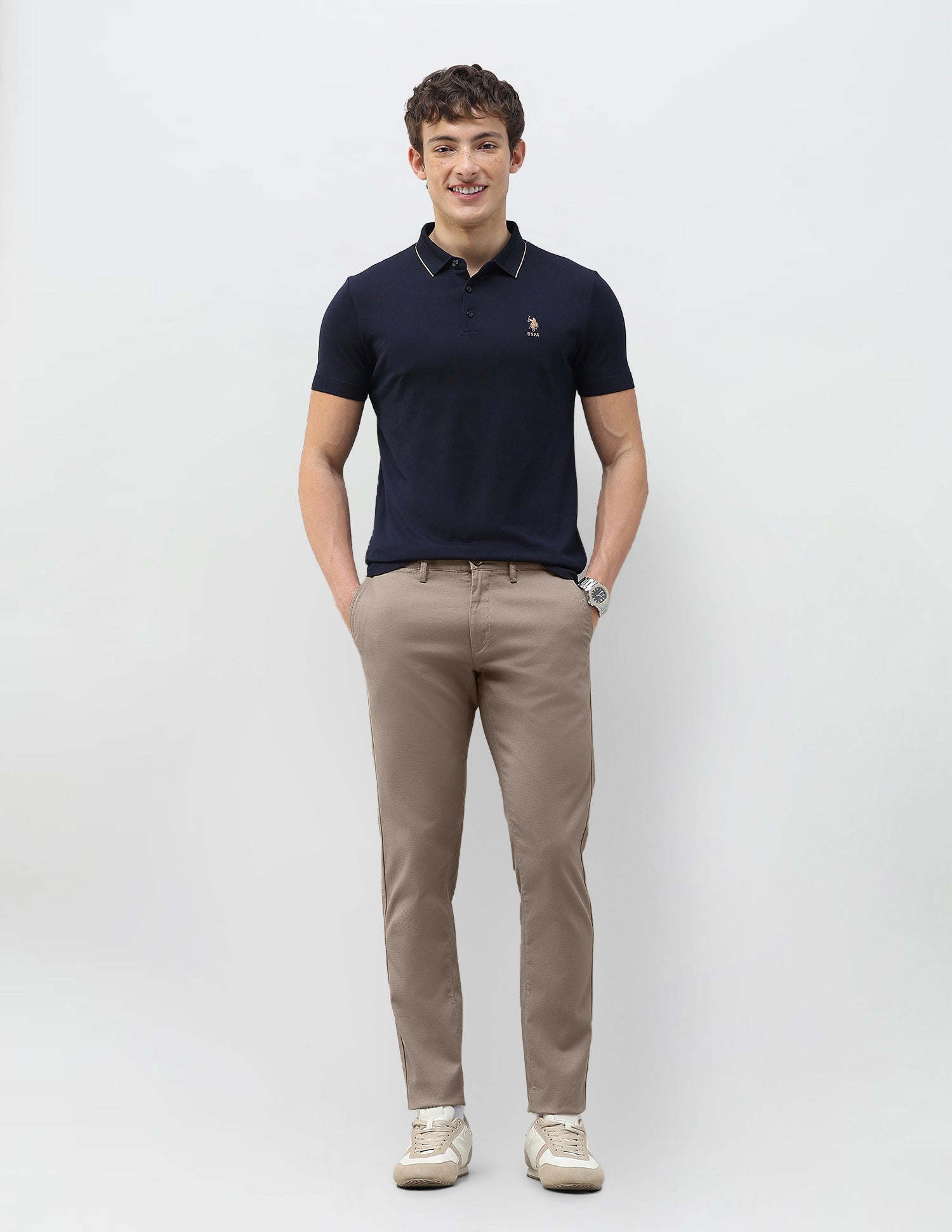 Austin Slim Fit Dobby Trousers Dark Brown - U.S. Polo Assn. India | Large