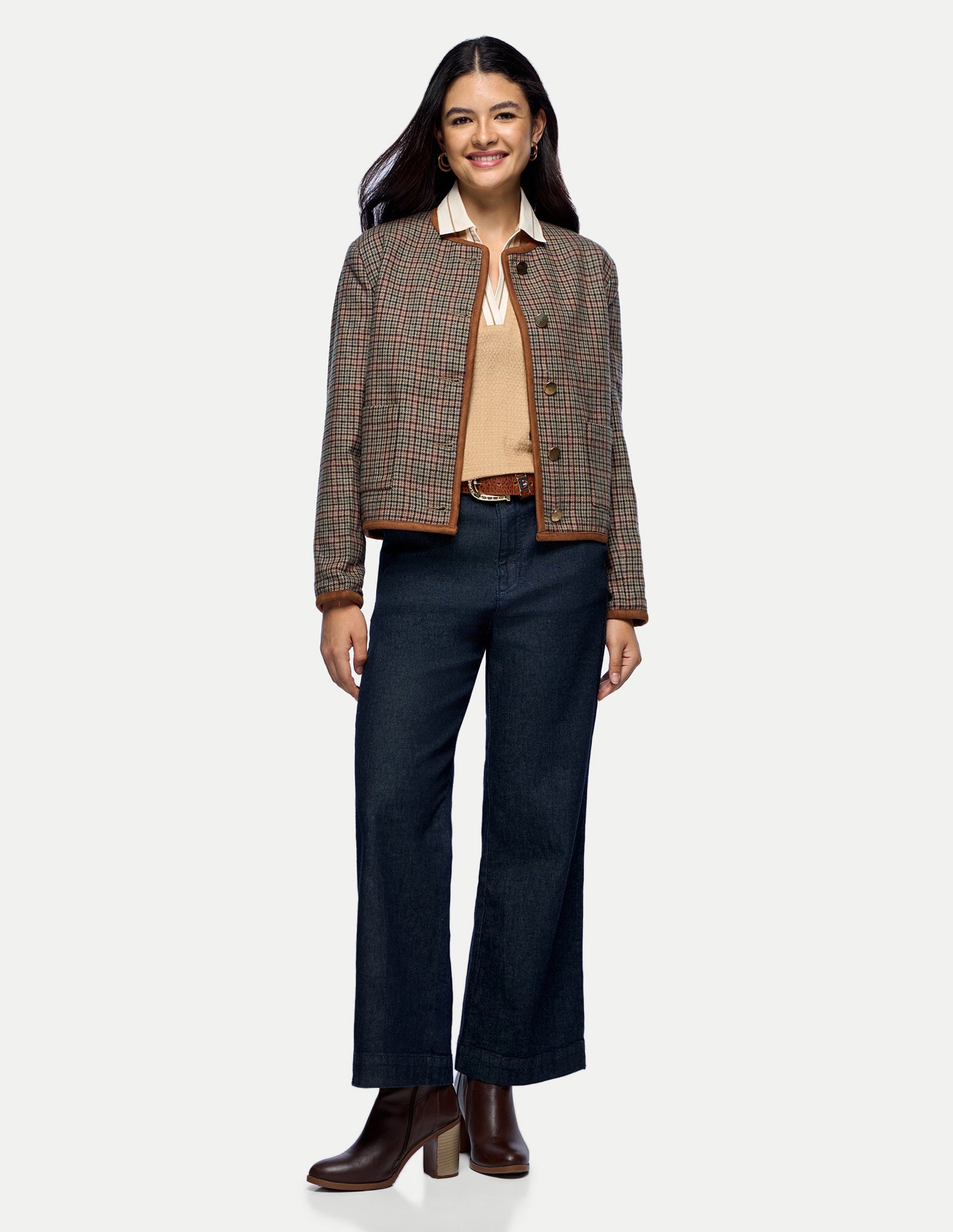 Houndstooth Checked Crop Jacket Brown - U.S. Polo Assn. India | Large