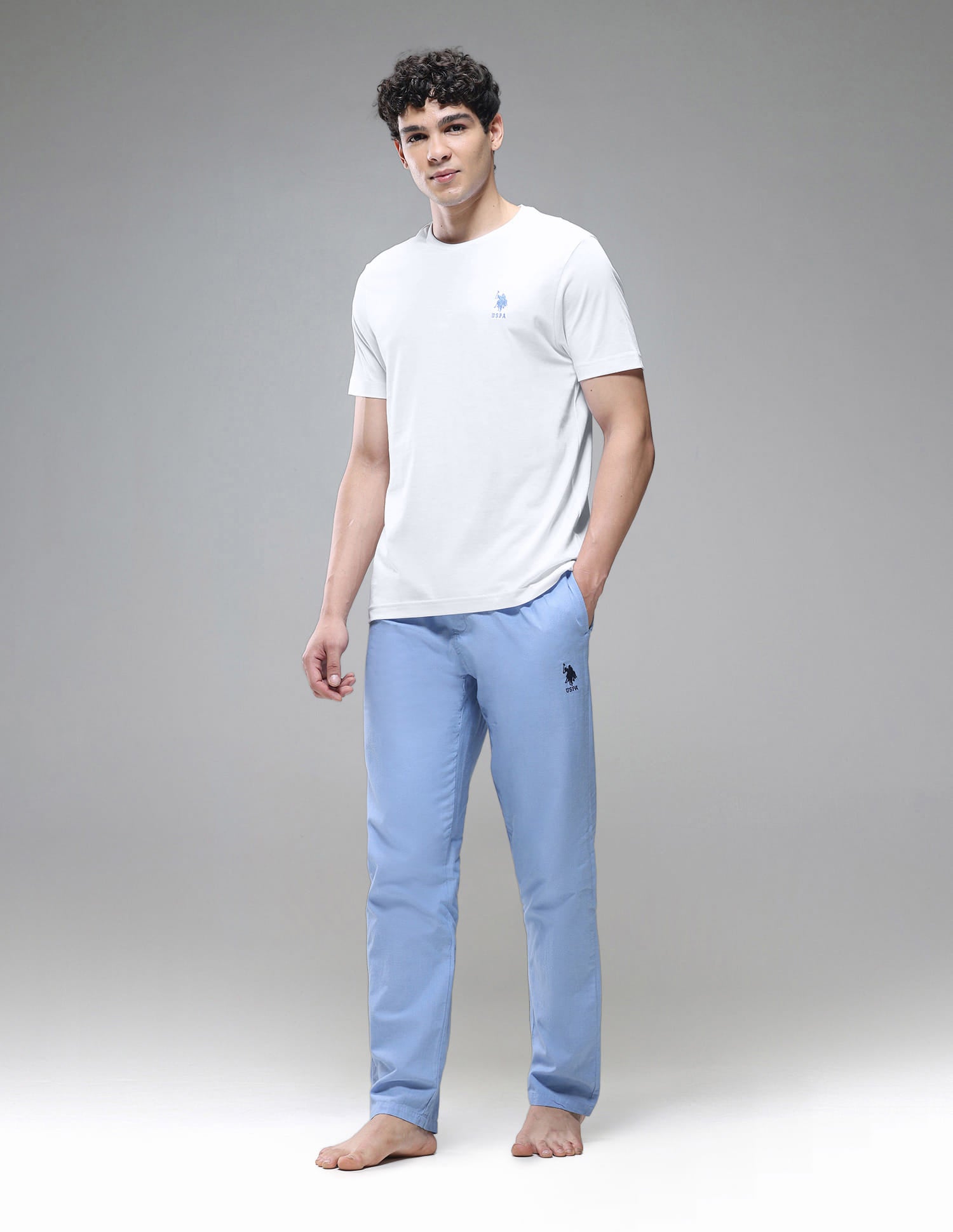 Tonal Logo Cotton 1633 Lounge T-Shirt - Pack Of 2 Blue Mel and White - U.S. Polo Assn. India | Large