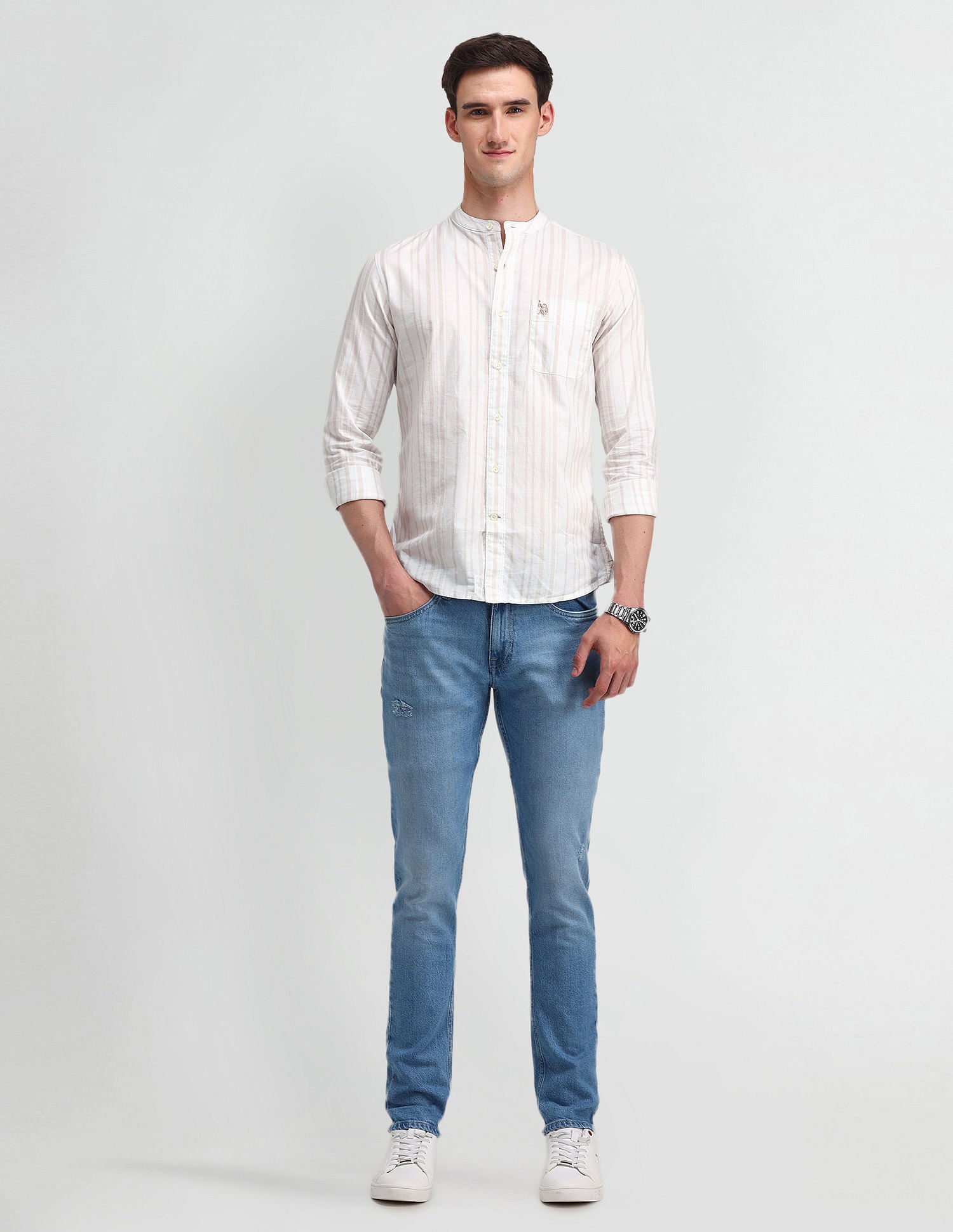 Mandarin Collar Slim Fit Shirt Ivory - U.S. Polo Assn. India | Large